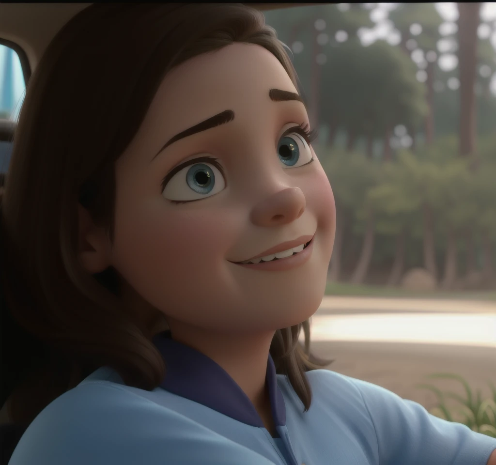 Uma garota jovem, cabelo castanho, feliz, vestindo um casaco azul, dentro de um carro, com uma paisagem e uma estrada ao fundo estilo disney pixar, alta qualidade, melhor qualidade