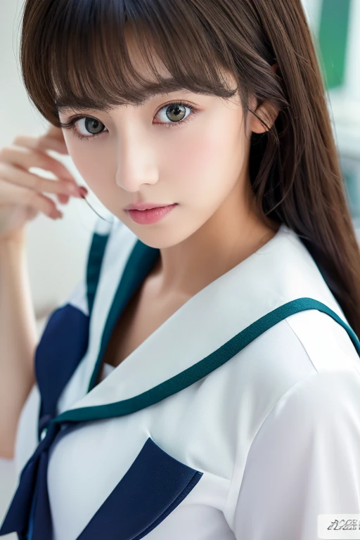 ((masterpiece)), ((best quality)), (ultra-detailed), ((extremely detailed)), 4K, (8K), best quality, (beautiful), watercolor, watercolor pencil3, painting, sketch, realistic, real, dynamic angle, focus on the face, school, in the classroom, a cute girl, 1girl, solo, sailor suit, beautiful black hair, beautiful green eyes, ((beautiful eyes)), light brown-skinned, flat breast, tiny breast, slim, slender, ashamed