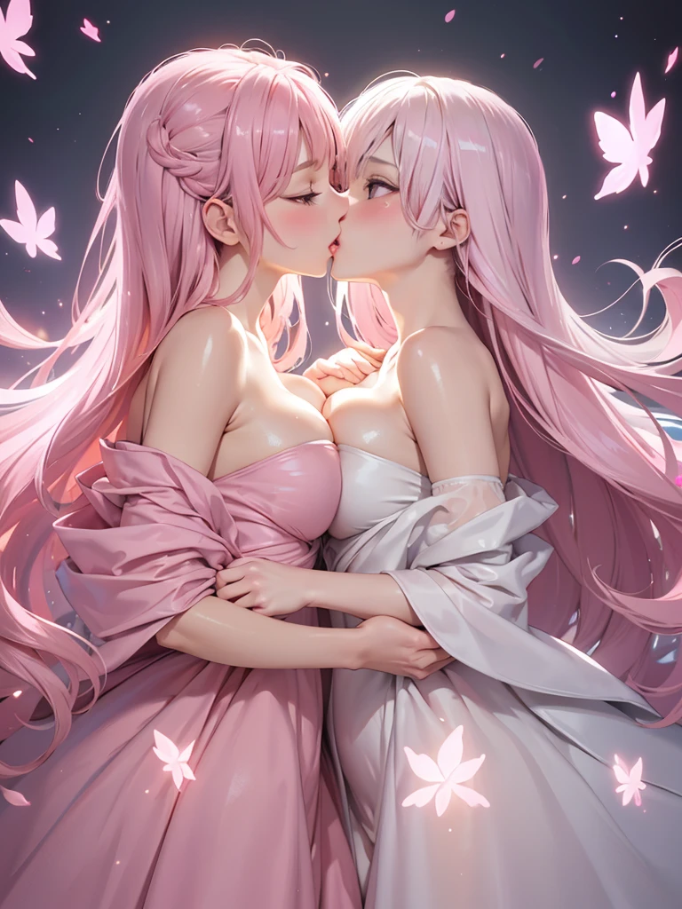 Very detailed CG Unity 8K wallpaper, Cute 2 lady, Mature hair、lady ,beautiful lady, pale skin (Super masterpiece, Beautiful person, well detailed face polluted smile, Photorealistic, hyper realisitic),
(Pink gorgeous dress:1.7)、 smile、
Japanese background with light pink flowers and snow、Portrait、(Two women:1.5)、(The two kiss:1.5)
(ref Eyes)、(large breasts:1.2)、(Glowing Skin:1.7)、Detailed eyes、Big eyes、Open your mouth、Hide your arm、