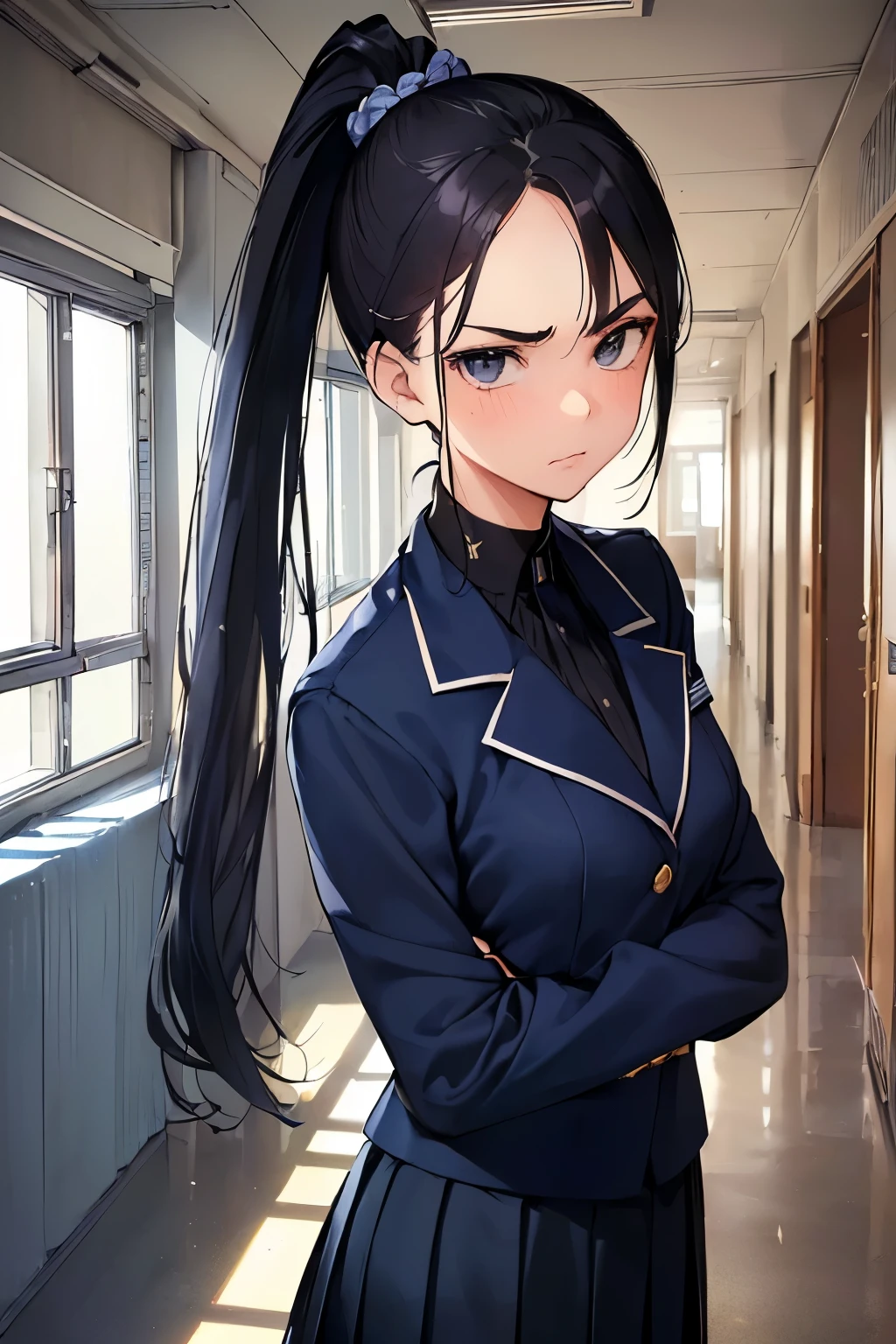 ((best quality)), ((masterpiece)), ((detailed)), (((perfect face))), (((18yo girl in navy blue suit, pleated skirt))), (((black hair))), (((high ponytail))), (((looking at viewer))), (((scowl))), (((interior school corridor))), (((standing)))