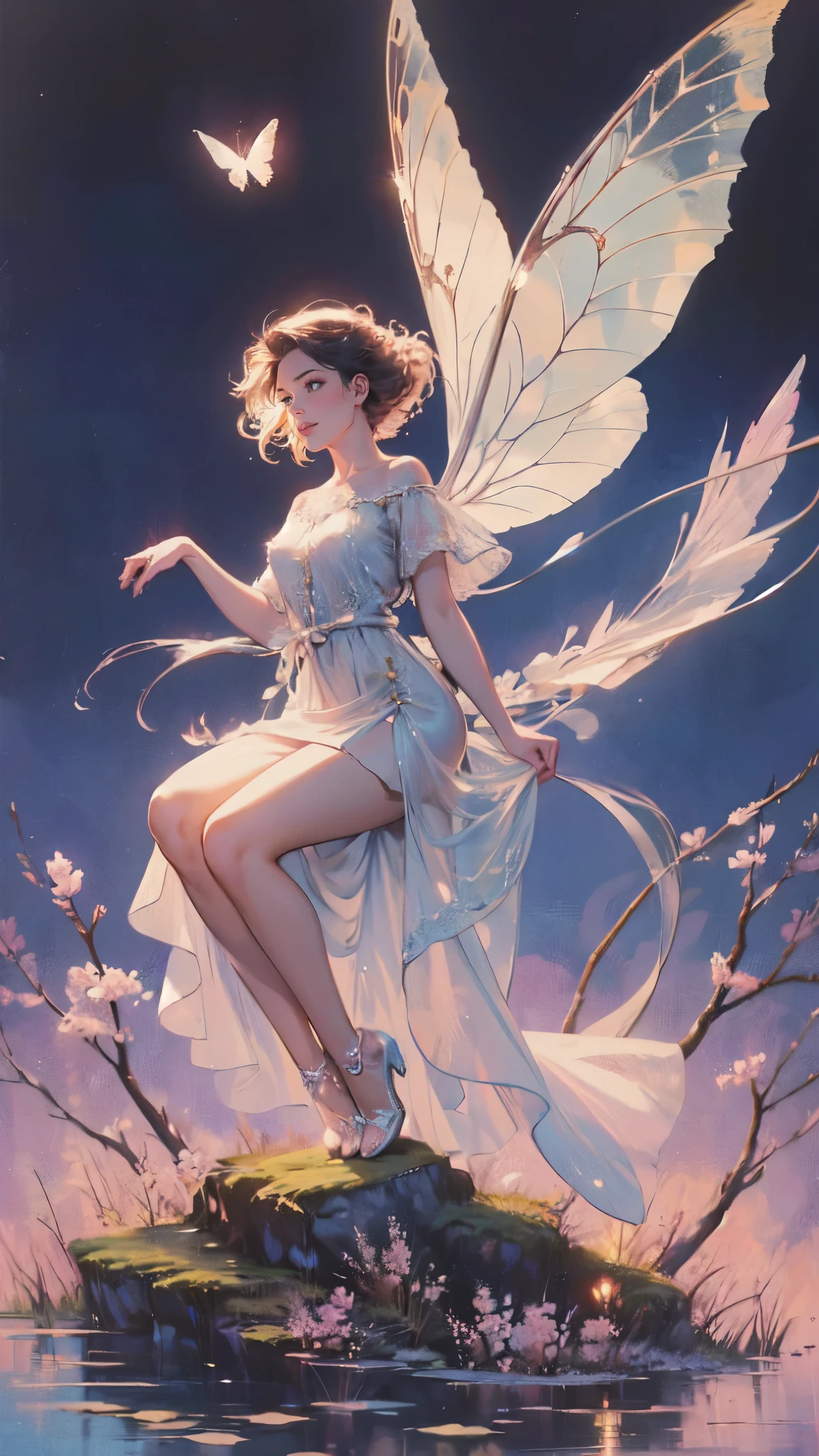 ((best quality)), ((masterpiece)), (detailed), ethereal beauty, perched on a pink blossom tree, (fantasy illustration:1.3), enchanting gaze, captivating pose, solo girl, delicate butterfly wings, otherworldly charm, mystical sky, (Luis Royo:1.2), (Yoshitaka Amano:1.1), moonlit night, soft colors, (detailed cloudscape:1.3), (high-resolution:1.2) (dragon flying in the sky) long white dress, legs dangling above pond, long victorian dress,