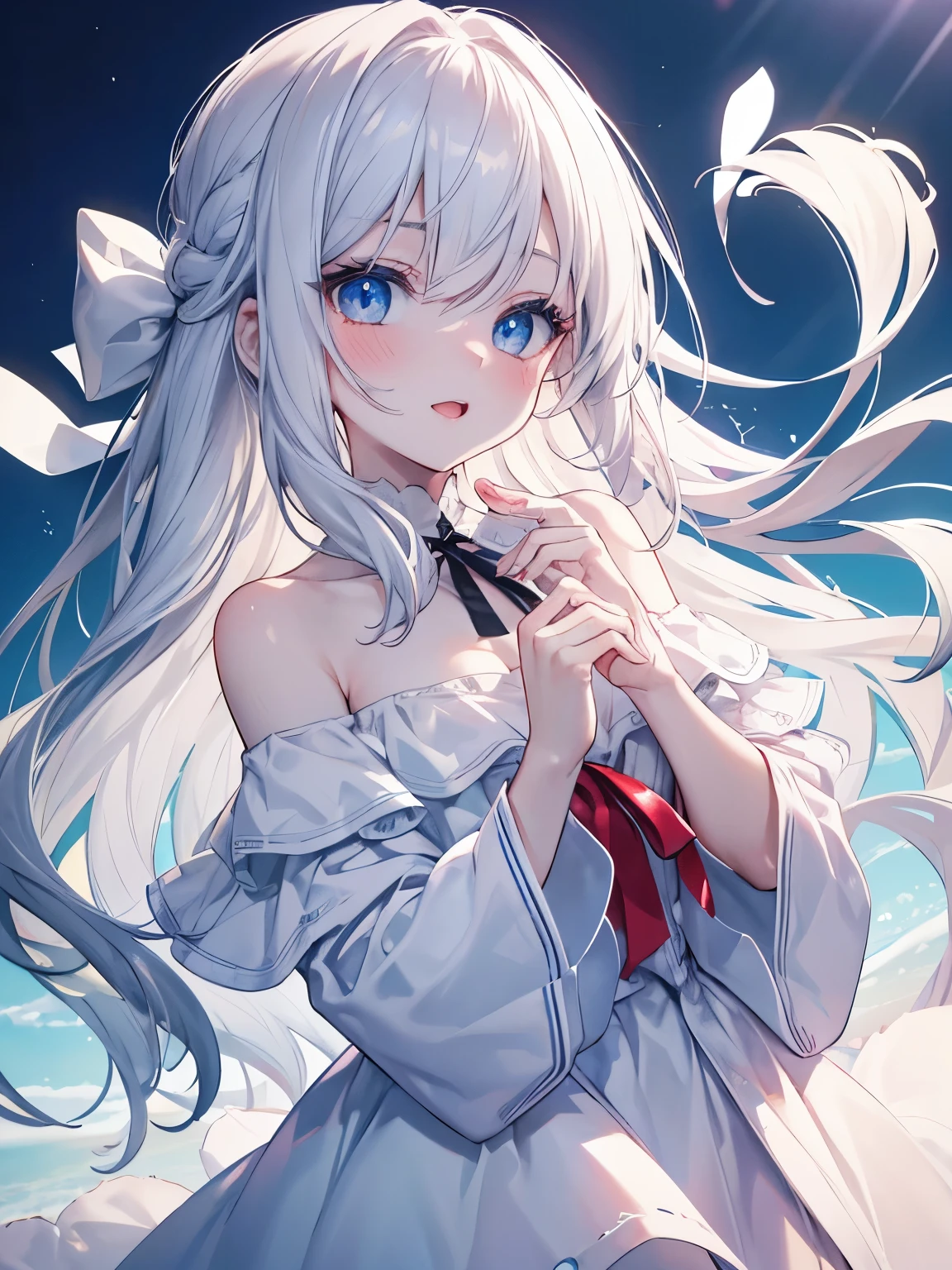 Masutepiece, Highest Quality, (Perfect face:1.1), (high detailing:1.1), (ultradetailed eyes),Dramatic,superfine illustration,Extremely detailed,1girl in,teenager,(pale skin),long white hair,Ethereal eyes,Blue eyes, Sparkling Highlights in the Eyes , with heart-shaped eyes,blush,Solo,Smile,Happy,Laugh,Enjoy, Open mouth,Pouty lips,Cinematic lighting, Looking at Viewer, Cowboy Shot, looking up, whitedress, off shoulder,outdoor,bluesky,sunny