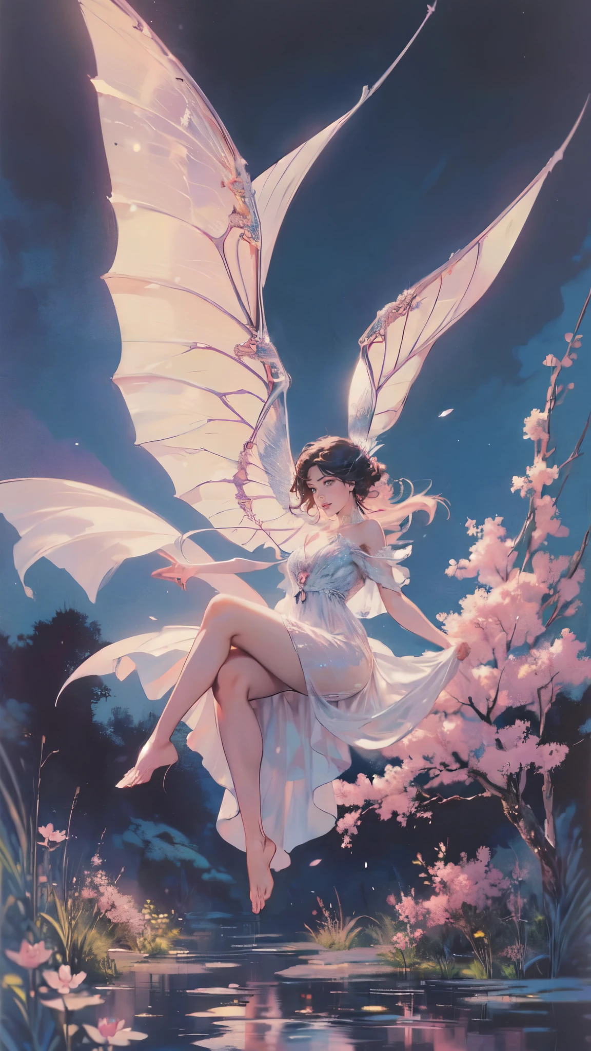 ((best quality)), ((masterpiece)), (detailed), ethereal beauty, perched on a pink blossom tree, (fantasy illustration:1.3), enchanting gaze, captivating pose, solo girl, delicate butterfly wings, otherworldly charm, mystical sky, (Luis Royo:1.2), (Yoshitaka Amano:1.1), moonlit night, soft colors, (detailed cloudscape:1.3), (high-resolution:1.2) (dragon flying in the sky) long white dress, legs dangling above pond, long victorian dress,