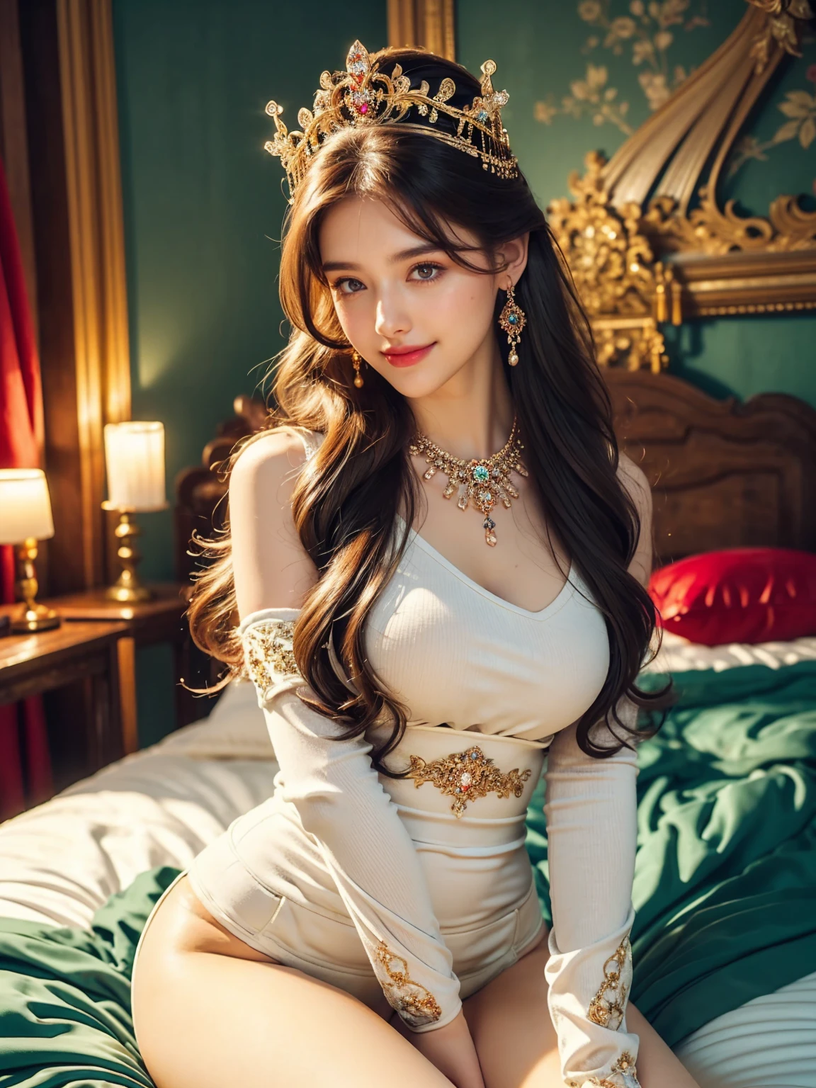 (Realisticity: 1.2), Best quality, 8K  UHD, Masterpiece, A high resolution,CG, 1 Super meticulous girl, Super detailed queen，fully body photo，Jade foot，Long legs， Super elaborate palace scene, Inviting, Fox Palace background, Beautiful and detailed, Super fine long hair, Wearing a beautiful and luxurious diamond crown，Super meticulous, Super detailed dress, Super detailed dress sleeves, Super detailed beautiful earrings, Beautiful beautiful necklace，Full of super detailed diamonds, Solo, jewelry, Super detailed red and blue dress, Pretty face, fully body photo，Long legs， Beautiful, Tight noble heels，and super detailed, , Earrings, Super detailed hairstyle, spatter, The upper body is very ultra-delicate, Super delicate bun, Super fine brunette hair, lighting,candid,photographed,high resolution,8K,Bokeh, (((the body from thighs up:1.3))), ((looking at viewer:1.3)), ((smile:1.2))