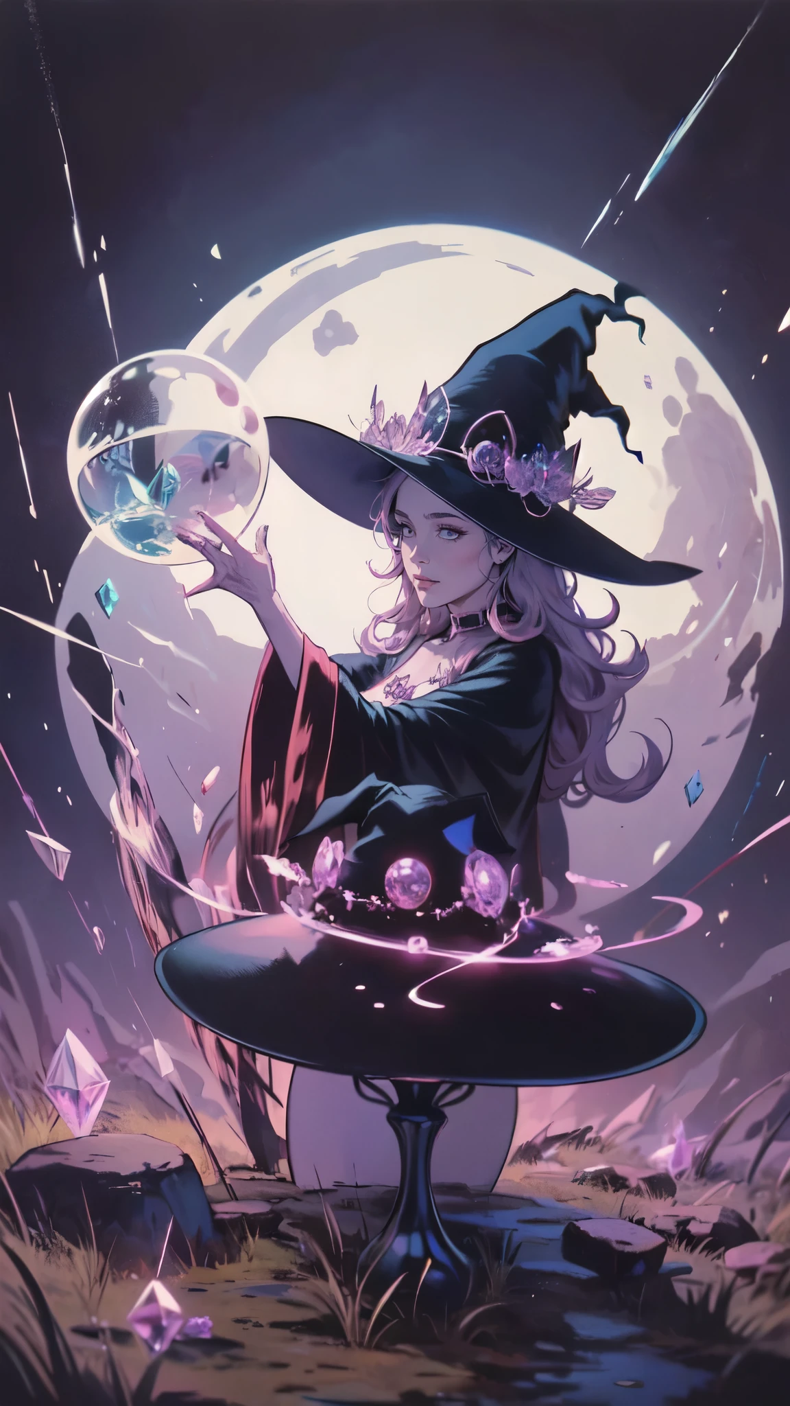 "Witchy Accessories": An illustration showcasing the iconic accessories of witches, including a pointed hat, broomstick, cauldron, and crystal ball, arranged in a visually appealing composition, Ultra realism, color field printing, high detail, UHD, 8k, anatomically correct, cinematic lighting 4d quality