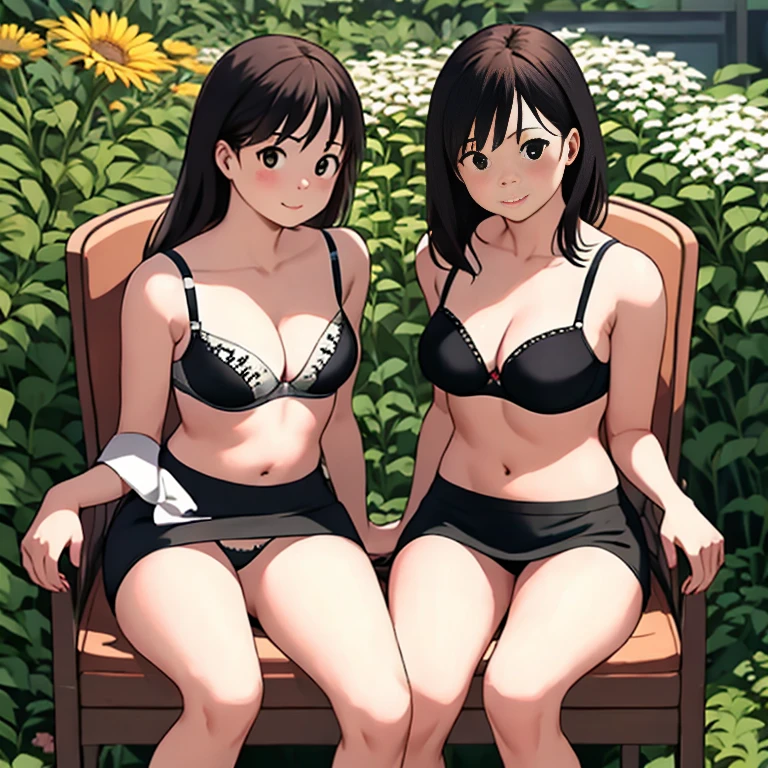 highest quality、Highest quality、Realistic、Adult women2People sit side by side、Office Suits、Pencil Skirt、mini skirt、Unbutton your shirt、Black and white embroidered bra、Black and white embroidered panties、pumps、Beautiful legs、slender、garden、Sit on a chair、Open your legs a little、blush、lure