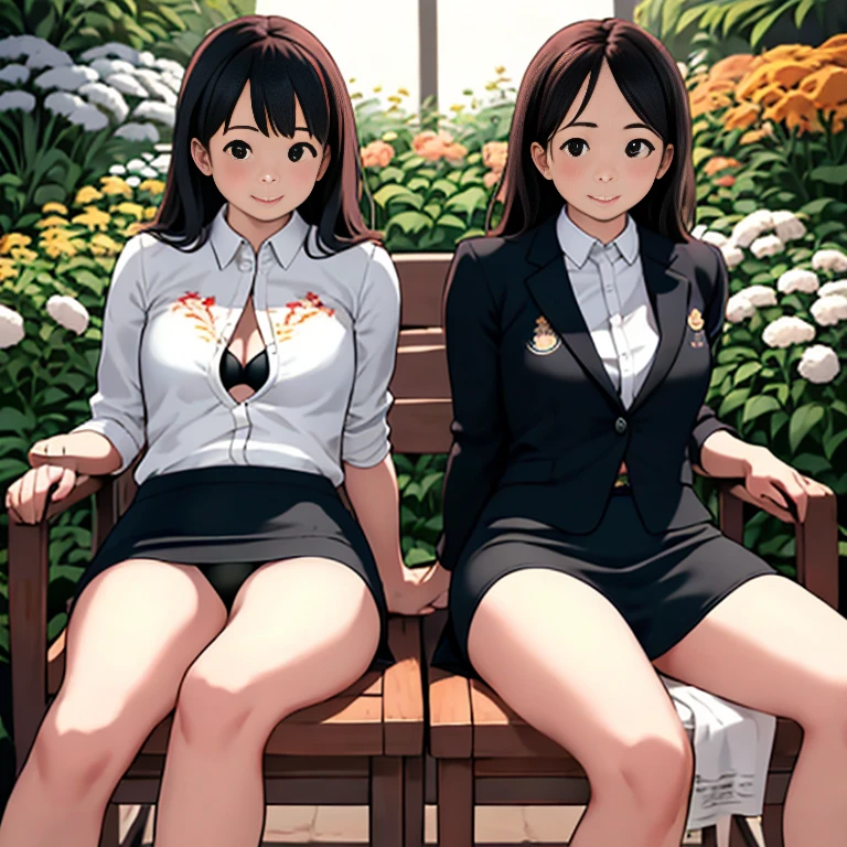 highest quality、Highest quality、Realistic、Adult women2People sit side by side、Office Suits、Pencil Skirt、mini skirt、Unbutton your shirt、Black and white embroidered bra、Black and white embroidered panties、pumps、Beautiful legs、slender、garden、Sit on a chair、Open your legs a little、blush、lure