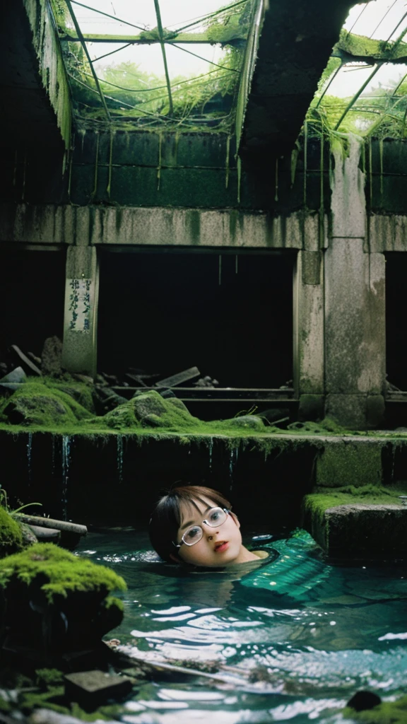 In the water,subway,moss,Showa,Collapse,Devastation,Inside the ruins,Glasses,Women,adventure,Black and White,