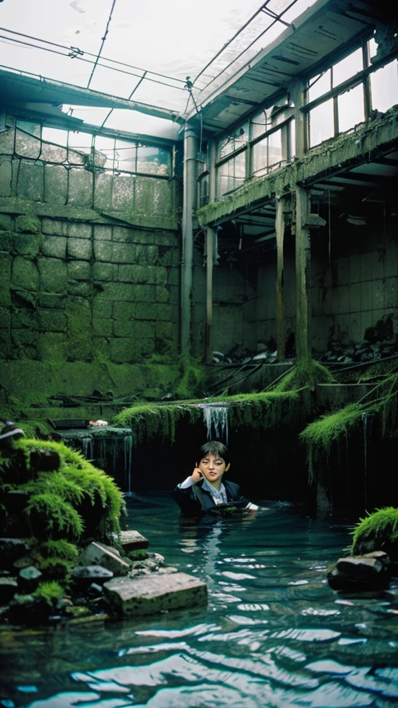 In the water,subway,moss,Showa,Collapse,Devastation,Inside the ruins,Glasses,Women,adventure,Black and White,