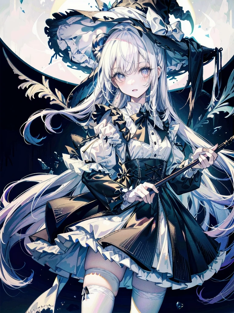 1girl,(Tattered clothes:1.1),long white hair, (white stockings:1.1),white large witch hat,witch costume, Ride broomstick, fantasy,(light:1.3),dark theme,magic,moon,upper body,