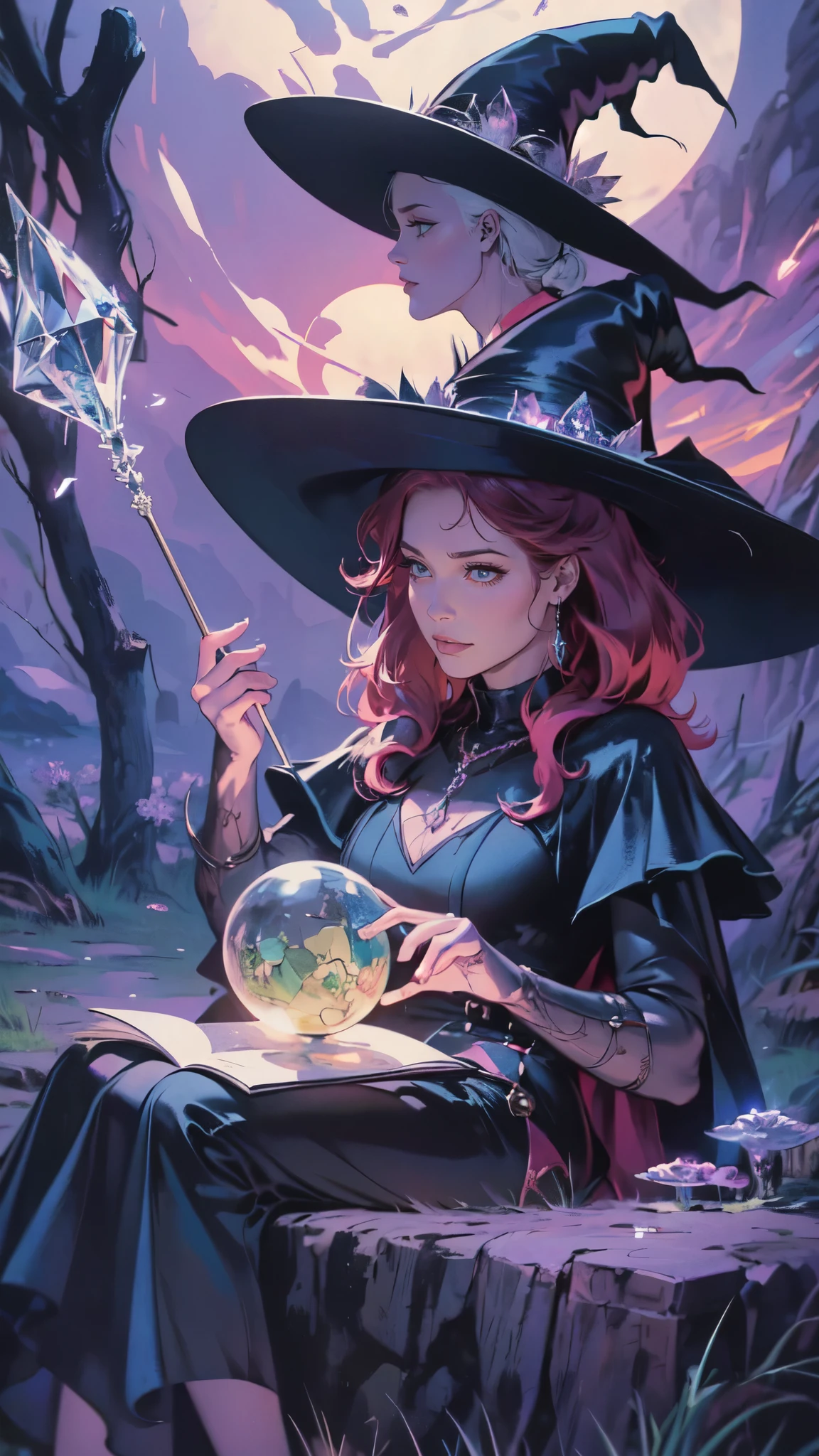 "Witchy Accessories": An illustration showcasing the iconic accessories of witches, including a pointed hat, broomstick, cauldron, and crystal ball, arranged in a visually appealing composition, Ultra realism, color field printing, high detail, UHD, 8k, anatomically correct, cinematic lighting 4d quality