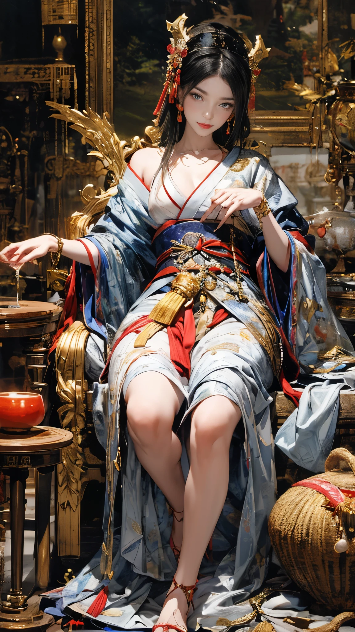 A picture of a beautiful demon standing, Demon woman with a sword, powerful female samurai, mouth with fangs, gambling, platinum blonde demon, Beautiful red kimono, Oiran, highest ranking woman, Female Yakuza, Doji Ibaraki, Sake Drinker Doji, Inspired by Chen Yifei, Inspired by Francesco Hayez, Inspired by Hendrik Terbruggen, Jean＝Works that influenced Auguste Dominique Ingres, Inspired by Liu Jun, Jean＝Works that influenced Auguste Dominique Ingres, highest quality, perfect angle, perfect composition, best shot, official art, cinematic light, figurative art, Beautiful and expressive paintings, Beautiful artwork illustration, wonderful, cool beauty, clear, Mysterious, highest quality, official art, perfect composition,perfect angle, best shot, women only, sharp outline, pretty much beautiful face, demon of kyoto, Lord of Chimi-Mourou, A ruthless demon woman, demon queen, full body tattoo, wide, Rashomon, Close-up