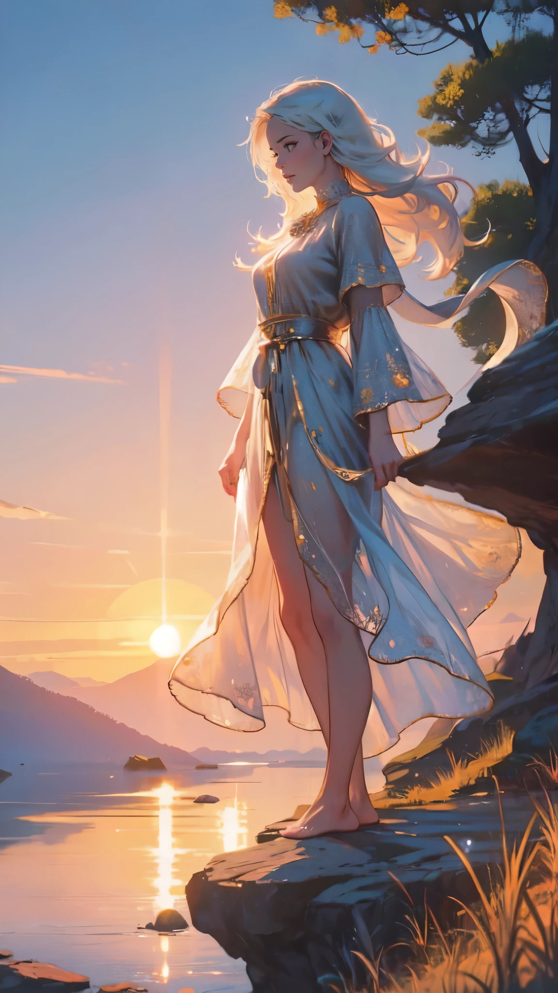 1 girl, happy expression, charming eyes, straight long hair, flowing skirt, big, looking at the sun, calm posture, porcelain-like skin, subtle blush, crystal pendant BREAK Golden Hour, (edge lighting): 1.2, cool colors, sun flare, soft shadows, bright colors, painting effects, fantastic atmosphere BREAK Scenic lakes, distant mountains, pine trees, mountain tops, reflections, sunlit clouds, tranquil atmosphere, idyllic sunrise, Ultra detailed, official art, unified 8k wallpapers, zentangle, mandala