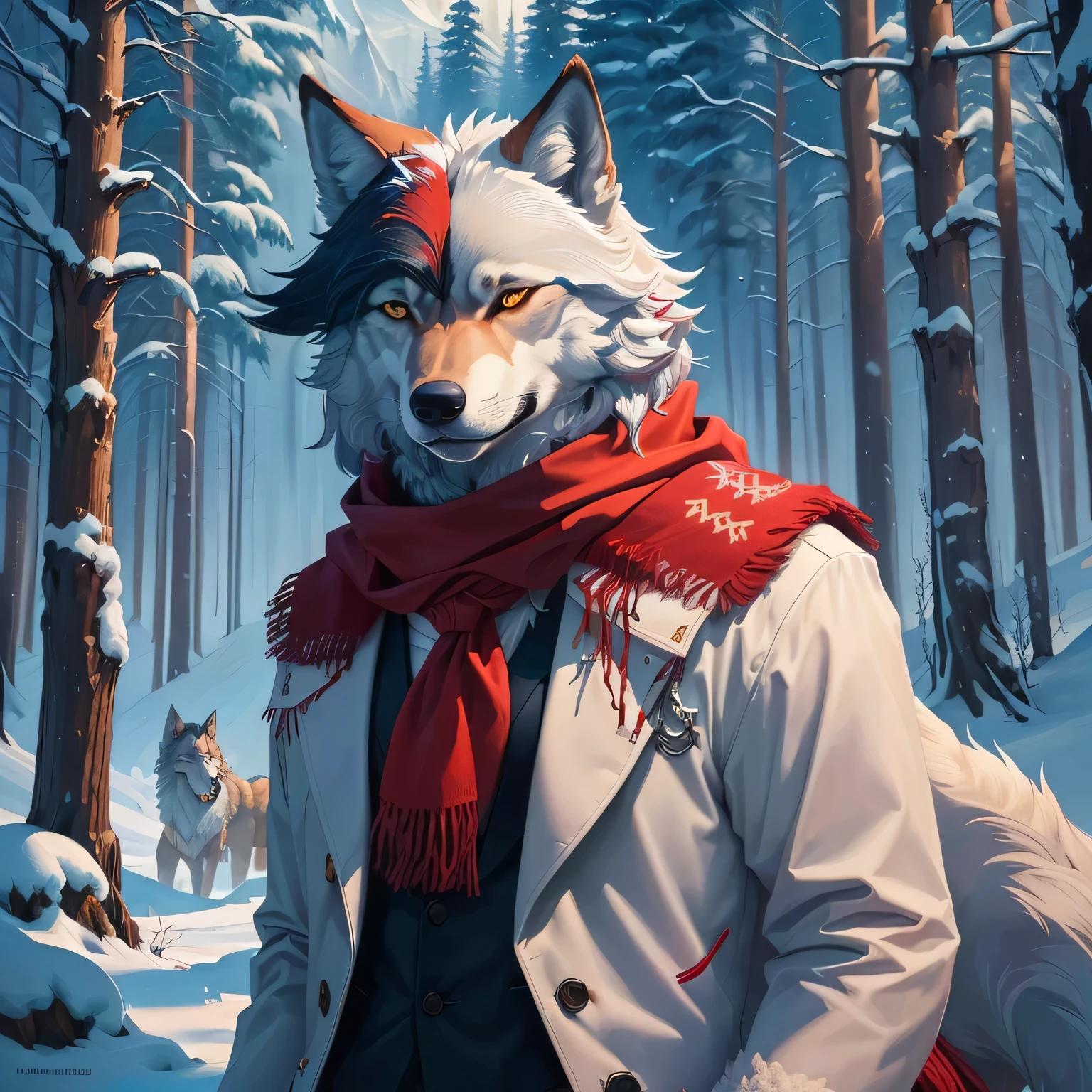 there is a painting of a wolf with a red scarf, arte de fantasia peluda, anthropomorphic wolf, arte peluda muito linda, an anthropomorphic wolf, um lobo antro, lobo peludo, anthropomorphic furry art, arte conceitual de inverno, anthropomorphic wolf male, arte antropo, companheiro lobo, arte peluda pov, retrato de lobo fantasia