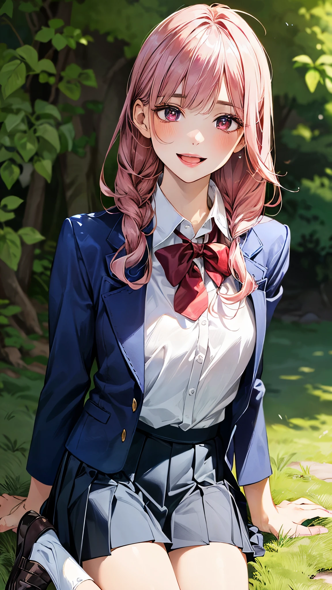 (masterpiece:1.3, top-quality, ultra high res, ultra detailed), (realistic, photorealistic:1.4), beautiful illustration, perfect lighting, natural lighting, colorful, depth of fields, surrealism,
beautiful detailed hair, beautiful detailed face, beautiful detailed eyes, beautiful clavicle, beautiful body, beautiful chest, beautiful thigh, beautiful legs, beautiful fingers, shiny skin,
looking at viewer, 1 girl, japanese, high school girl, (perfect anatomy, anatomically correct, super detailed skin), cute and symmetrical face, babyface, perfect face, perfect eyes, perfect fingers,
(long hair:1.6, straight hair:1.2, long sidelocks, pink hair), braided bangs, maroon eyes, big eyes, long eyelashes, (medium breasts, seductive thighs), slender, outstanding style,
(detailed cloth texture, break, (navy blue blazer, close blazer), break, (gray pleated skirt), break, collared white shirt, break, dark red bow tie), break, navy blue school socks, loafer,
(beautiful scenery), (grassy), graceful, (pretty smile, open mouth small),