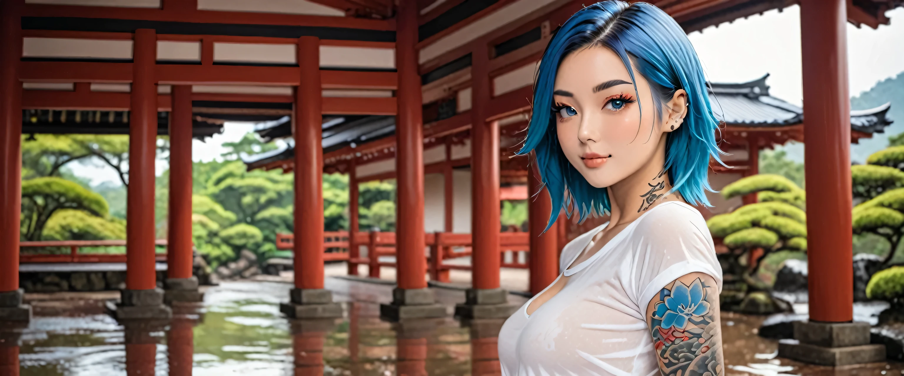 one arafed woman with blue hair, with tattoos, tattoo sleeve on her right arm, young woman in her 20s, photograph of a sleeve tattoo, satisfied pose, nude, wet t-shirt, no bra, nsfw, japanese temple