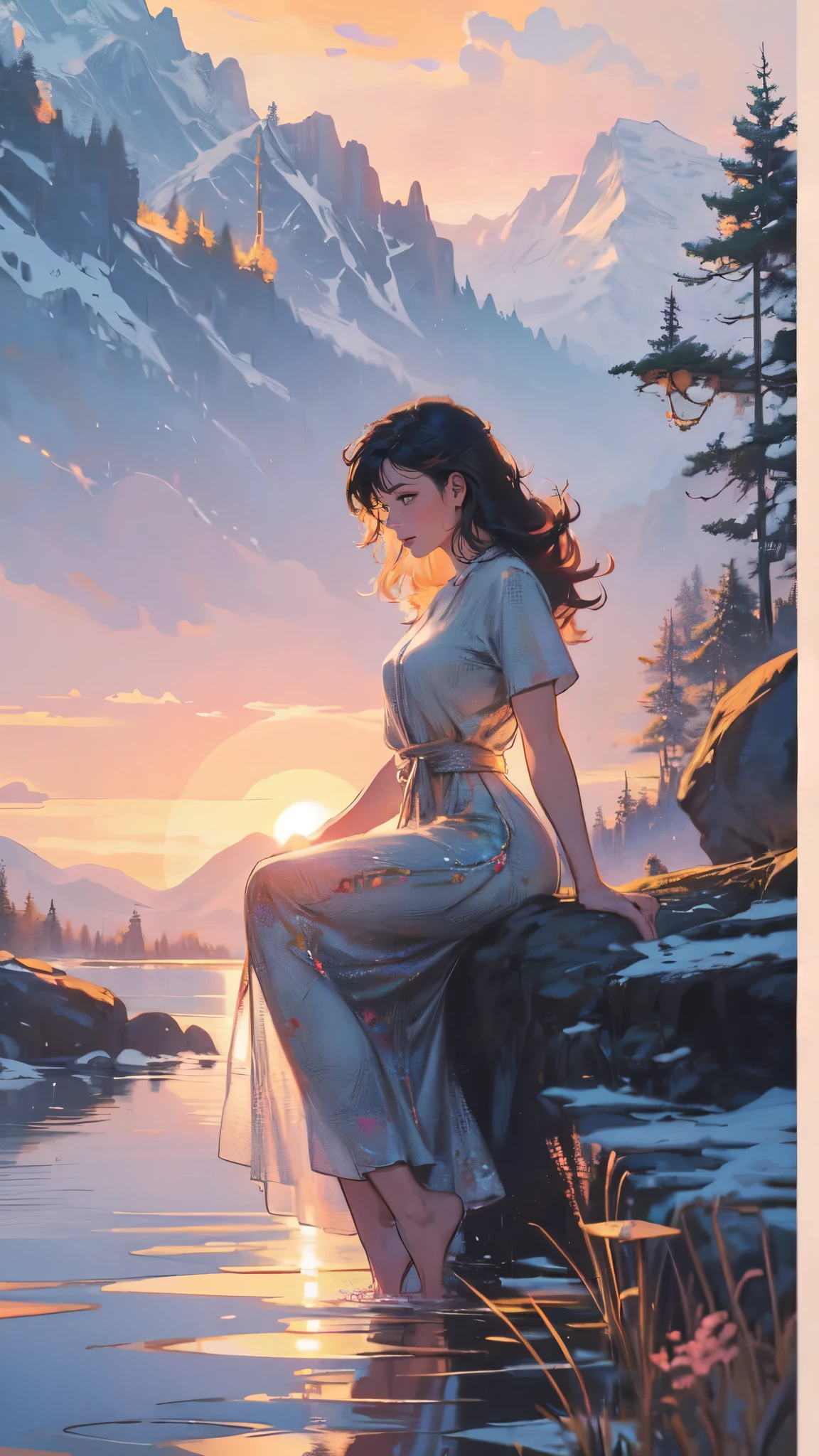 1 girl, happy expression, charming eyes, straight long hair, flowing skirt, big, looking at the sun, calm posture, porcelain-like skin, subtle blush, crystal pendant BREAK Golden Hour, (edge lighting): 1.2, cool colors, sun flare, soft shadows, bright colors, painting effects, fantastic atmosphere BREAK Scenic lakes, distant mountains, pine trees, mountain tops, reflections, sunlit clouds, tranquil atmosphere, idyllic sunrise, Ultra detailed, official art, unified 8k wallpapers, zentangle, mandala