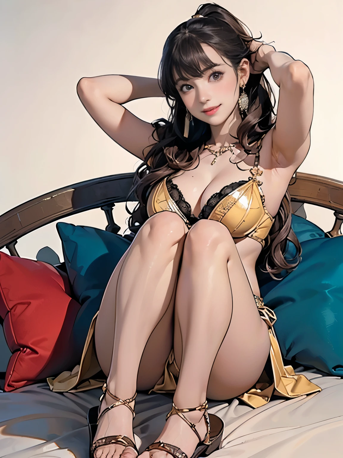 ((((highest quality))))、(((Ultra-precision CG16K wallpaper)))、(((masterpiece)))、(((Super detailed)))、(((Extreme detail)))、((1Mature 29 year old woman:1.6))、((Very beautiful Japanese faces))、((Yua Mikami:1.oft wavy long ponytail hair、blunt bangs:1.5))、(Shown hair)、Beautiful brown eyes、Clearly defined pupils and whites of the eyes、eyeliner、eye shadow、High nose、Small nostrils、Small Mouth、Seductive lips、Beautiful breasts、((C c breasts))、Cleavage、Bl feet、eigd body、Perfect proportions、Perfect Anatomy、Perfect composition、Beautiful detailed shading、Beautiful, natural lighting、Beautiful detail glow、Depth of written boundary、(((High chroma)))、(((Real:1.9)))、((vivid:1.5))、((Beautiful Skin))、((Skin Texture))、((Realな皮膚感))、(((Full Shot:1.6)))、((Front view、shoot from front、Front low angle:1.6))、(((smile:1.6)))、((The woman is at this、looking at viewer、Facing forward:1.6))、Bright daylight、Natural light、(((Plain background、Spotlight:1.3)))、(Sitting pose:1.6)、(((Golden belly danume:1.6)))、((Earrings、Wearing a necklace:1.3))、(((Wearing lace-up sandals:1.6)))、(((A woman is sitting on a cushion with her knees bent、Putting hands behind head:1.8)))、