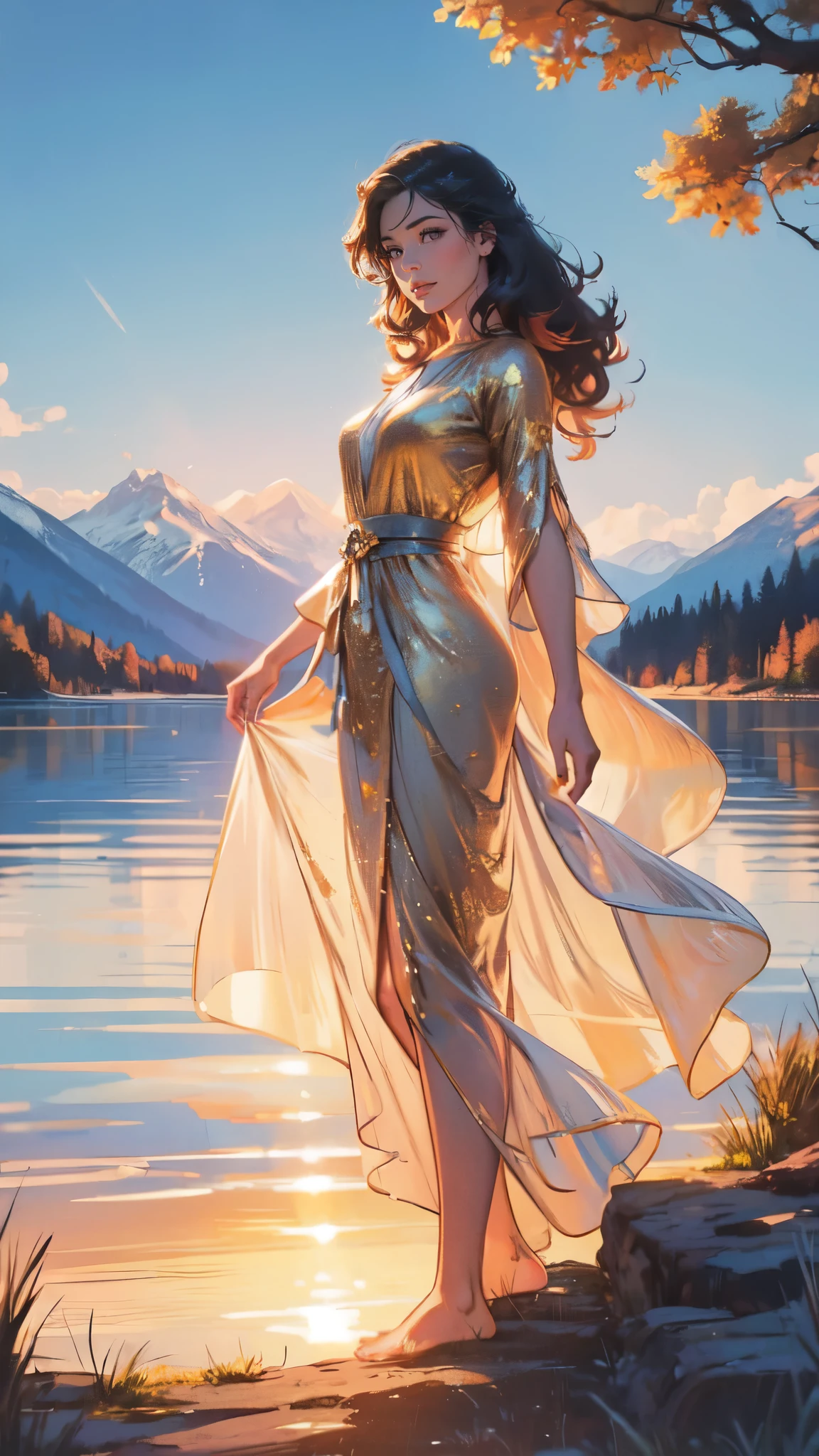 1 girl, happy expression, charming eyes, straight long hair, flowing skirt, big, looking at the sun, calm posture, porcelain-like skin, subtle blush, crystal pendant BREAK Golden Hour, (edge lighting): 1.2, cool colors, sun flare, soft shadows, bright colors, painting effects, fantastic atmosphere BREAK Scenic lakes, distant mountains, pine trees, mountain tops, reflections, sunlit clouds, tranquil atmosphere, idyllic sunrise, Ultra detailed, official art, unified 8k wallpapers, zentangle, mandala