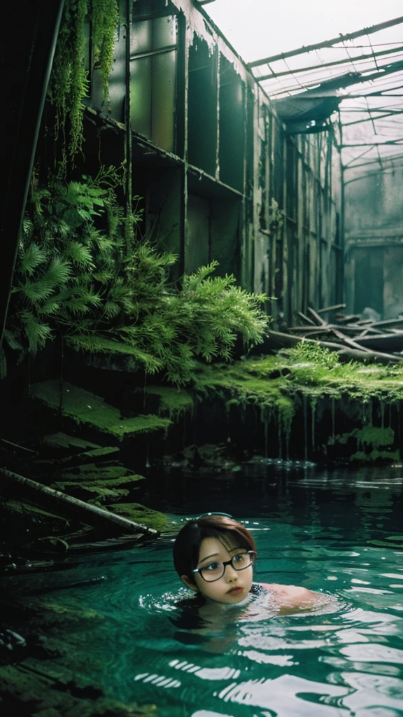 In the water,subway,moss,Showa,Collapse,Devastation,Inside the ruins,Glasses,Women,adventure,Black and White,