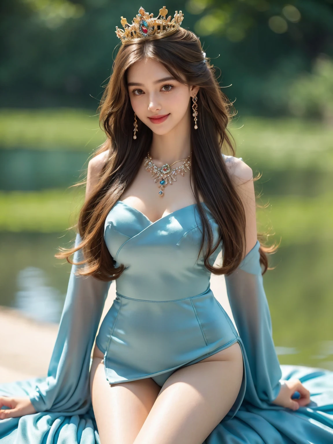 (Realisticity: 1.2), Best quality, 8K UHD, Masterpiece, A high resolution,CG, 1 Super meticulous girl, Super detailed queen,fully body photo,Jade foot,Long legs, Super elaborate palace scene, Inviting, Fox Palace background, Beautiful and detailed, Super fine long hair, Wearing a beautiful and luxurious diamond crown,Super meticulous, Super detailed dress, Super detailed dress sleeves, Super detailed beautiful earrings, Beautiful beautiful necklace,Full of super detailed diamonds, Solo, jewelry, Super detailed red and blue dress, Pretty face, fully body photo,Long legs, Beautiful, Tight noble heels,and super detailed, , Earrings, Super detailed hairstyle, spatter, The upper body is very ultra-delicate, Super delicate bun, Super fine brunette hair, lighting,candid,photographed,high resolution,8K,Bokeh, (((the body from thighs up:1.3))), ((looking at viewer:1.3)), ((smile:1.2))