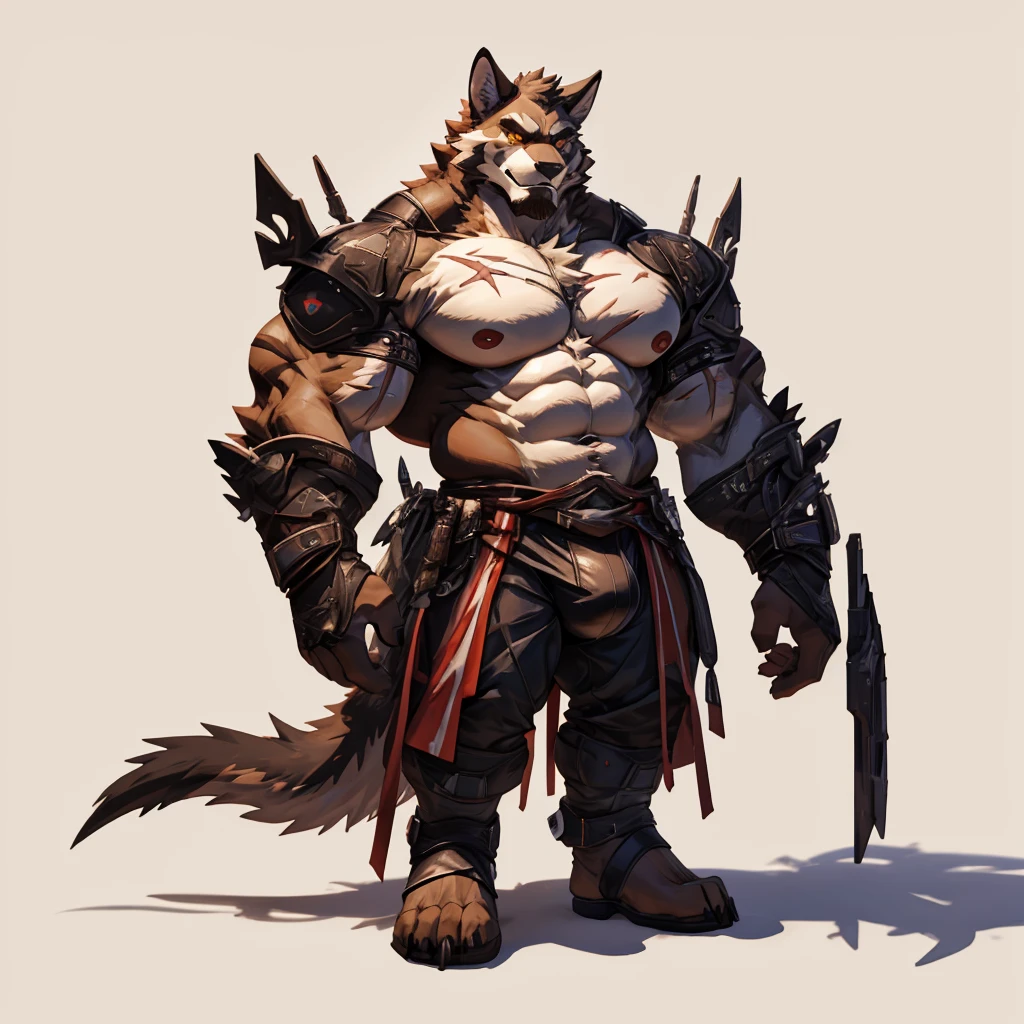 (best quality, 8k, highres, masterpiece: 1.2), ultra-detailed, (realistic, photorealistic, photo-realistic: 1.37), HDR, UHD, studio lighting,Alone, Man, werecat, wide face, broad shoulders, muscular, muscular, strong, tall, giant, enormous amounts of pubes, immensity, gigantic, large biceps, large pecs, brown body with white and red parts, yellow eyes, there are many scars on body, detailed crotch, huge bulge