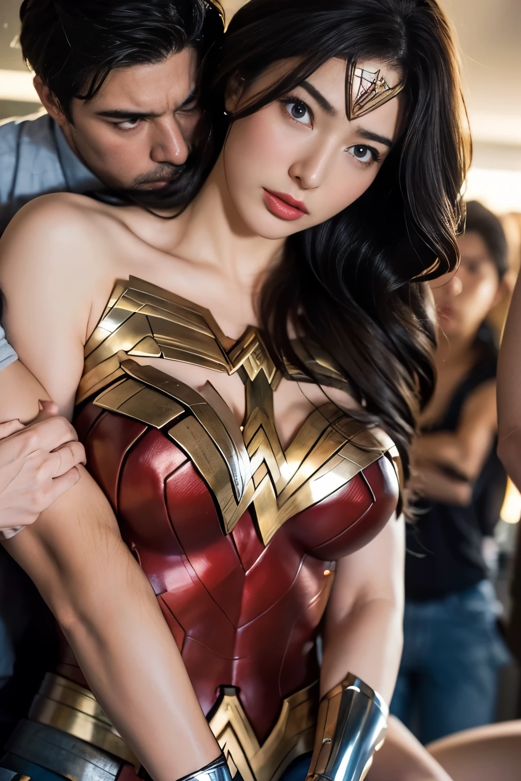 私はWonder Womanです、完璧なWonder Womanの衣装,On all fours,押しDefeated,Defeated,A man mounts me、Hug from the front,お姫様Hugged,Hugged,Being strangled,You can hold it,Leaning on the man,Hugged,Can be lifted,Men lick my face with their tongues,The guys lick my head with their tongues,Men lick my hair with their tongues,My body is licked by men,sleeping face,Close ~ eyes,Open your mouth,Tired face,Face of Suffering,sleeping face,Being slapped in the face,Getting punched in the face,Fighting with men,Fight with the men,Surrounded by men,,Caught between the men,Being held back by men,Entanglement with males, Attacked by men,Brown Hair, masterpiece、beautiful girl、fine 目、puffy eyes、highest quality, 超High resolution, (reality: 1.4), Cinema Lighting,so beautiful、Beautiful Skin、(超reality的な)、(High resolution)、(8k)、(Very detailed)、(beautiful and fine 目)、(Very detailed)、 Detailed face、Diagonal bangle hair、Brown Hair、20-year-old、Wonder Womanのコスプレ,Wonder Woman