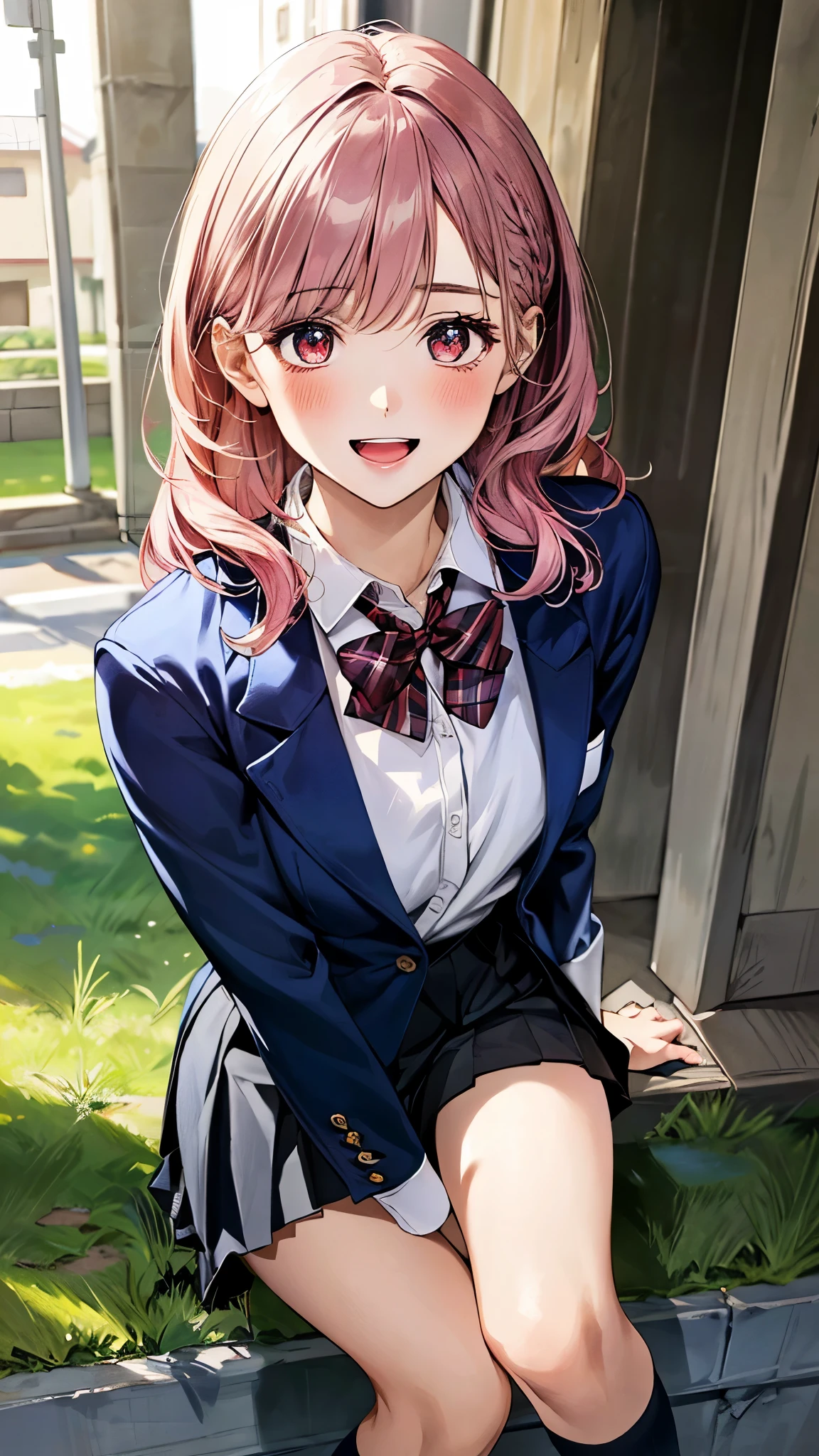 (masterpiece:1.3, top-quality, ultra high res, ultra detailed), (realistic, photorealistic:1.4), beautiful illustration, perfect lighting, natural lighting, colorful, depth of fields, surrealism,
beautiful detailed hair, beautiful detailed face, beautiful detailed eyes, beautiful clavicle, beautiful body, beautiful chest, beautiful thigh, beautiful legs, beautiful fingers, shiny skin,
looking at viewer, 1 girl, japanese, high school girl, (perfect anatomy, anatomically correct, super detailed skin), cute and symmetrical face, babyface, perfect face, perfect eyes, perfect fingers,
(long hair:1.6, straight hair:1.2, long sidelocks, pink hair), braided bangs, maroon eyes, big eyes, long eyelashes, (medium breasts, seductive thighs), slender, outstanding style,
(detailed cloth texture, break, (navy blue blazer, close blazer), break, (gray pleated skirt), break, collared white shirt, break, dark red bow tie), break, navy blue school socks,
(beautiful scenery), (grassy), graceful, (pretty smile, open mouth small),