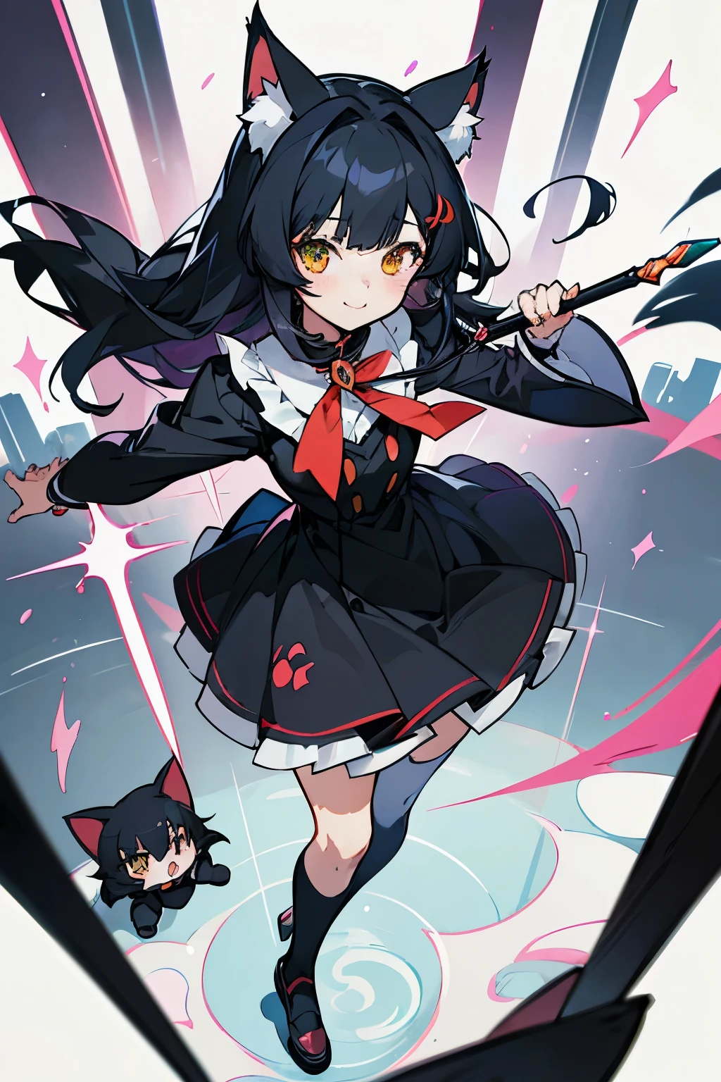 ((Tabletop, highest quality: 1.1), ((Anime cat girl in a black dress holding a magic wand)), Anime black cat in maid outfit, , ((Black-haired))、Long-haired、Very Beautiful Anime Cat Ears, Anime Cat Ears, ((Black knee-high socks)), Attractive cat ears, Inspired by Leiko Ikemura, Takano Aya color style, in ryuuou no oshigoto art style, Black cat girl, Favorite character, rei hiroe、With a smile
