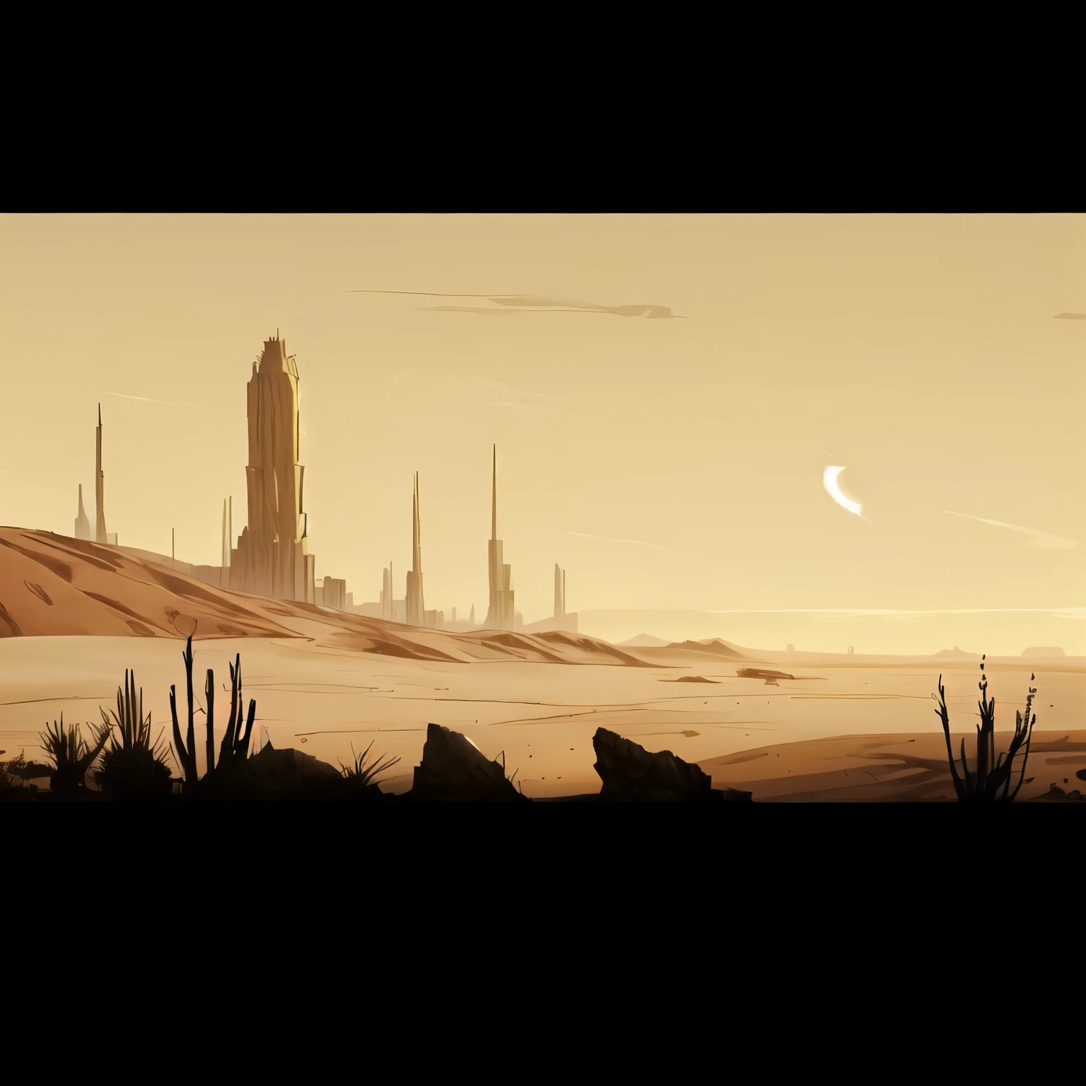 there is a photo of a desert with a city in the distance, Deserto Deserto, Science fiction landscape, arte de fundo, desolado. digital illustration, desert environment, environment arte conceitual, ambiente empoeirado, fundo do deserto steampunk, conceito de meio ambiente, arte conceitual. epic landscape, sand and desert environment, scenery game arte conceitual, planeta deserto, Cidade do deserto, Science fiction landscape