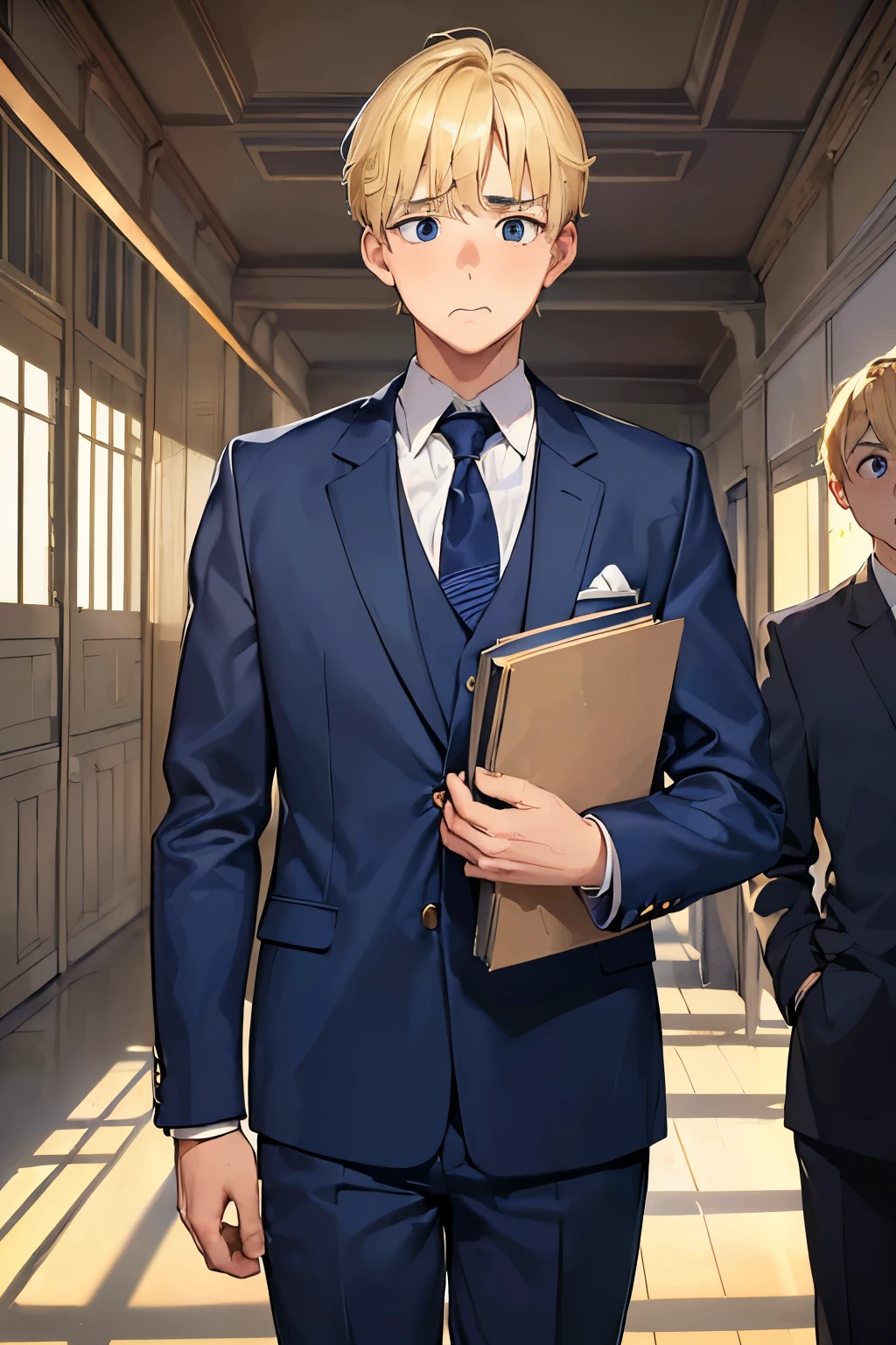 ((best quality)), ((masterpiece)), ((detailed)), (((perfect face))), (((18yo teen boy in navy blue suit))), (((blonde hair))), (((nervous))), (((big, wide eyes))), (((interior school corridor))), (((looking at viewer))), (((surprised:1.4))), (((mouth closed))), (((stubble)))