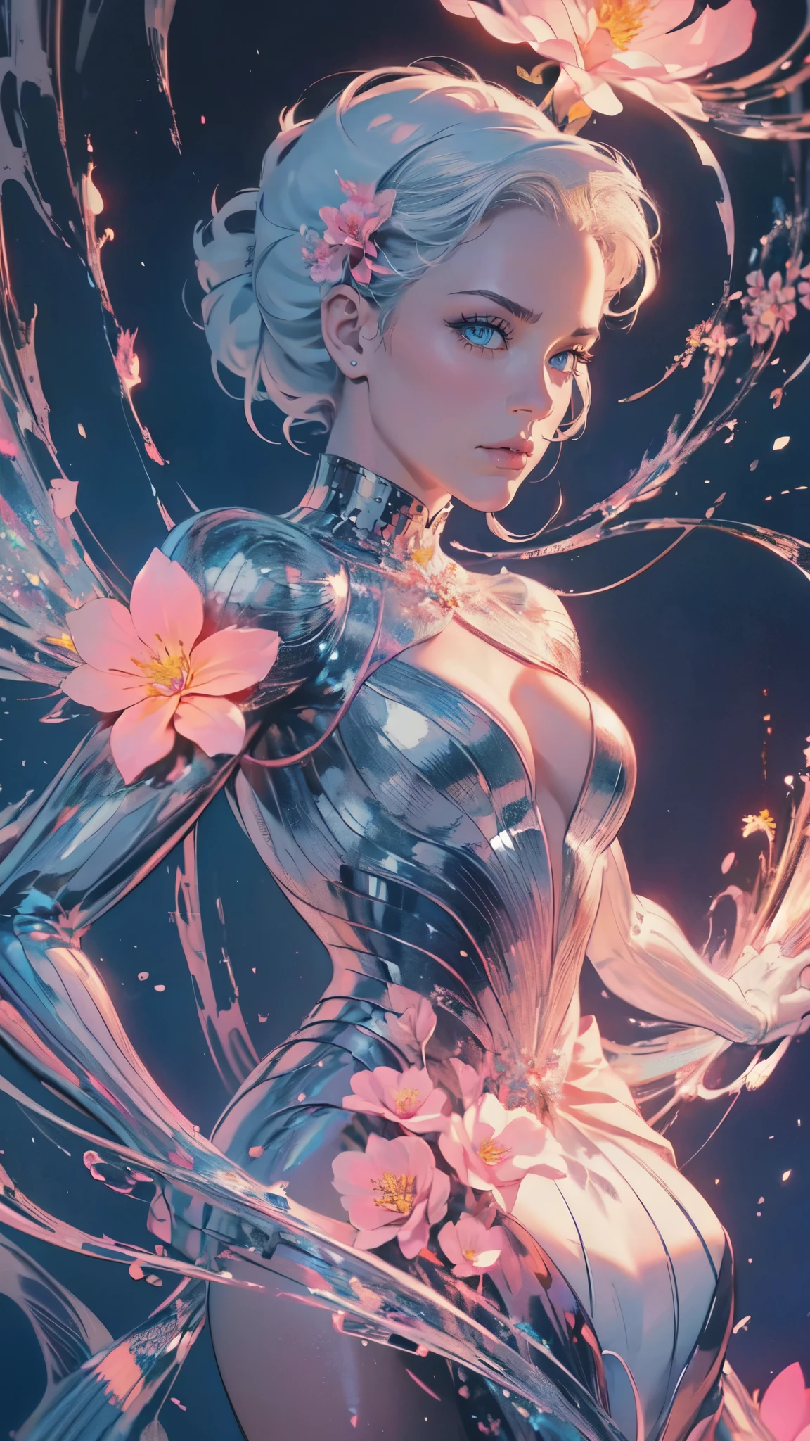 Beautiful lady , wonderful blue eyes, silver hair, pink lips, jacket cover her shoulderasterpiece, Top Quality, Best Quality, Official Art, Beautiful and Aesthetic: 1.2), (1 Flower), Upper Body, Extremely Detailed, (Fractal Art: 1.3), Colorful, Most Detailed, wearing jacket cover arms and shoulders