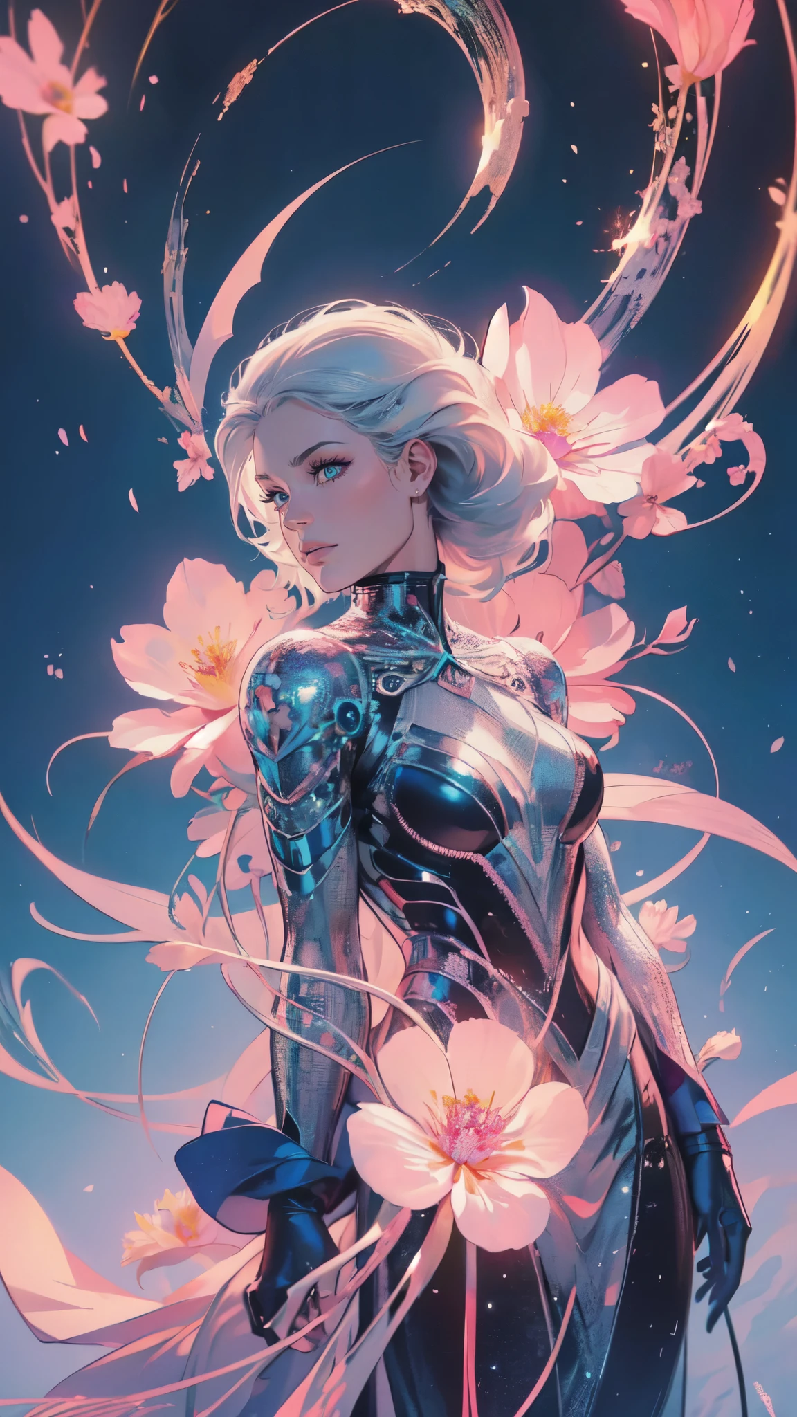 Beautiful lady , wonderful blue eyes, silver hair, pink lips, jacket cover her shoulderasterpiece, Top Quality, Best Quality, Official Art, Beautiful and Aesthetic: 1.2), (1 Flower), Upper Body, Extremely Detailed, (Fractal Art: 1.3), Colorful, Most Detailed, wearing jacket cover arms and shoulders 