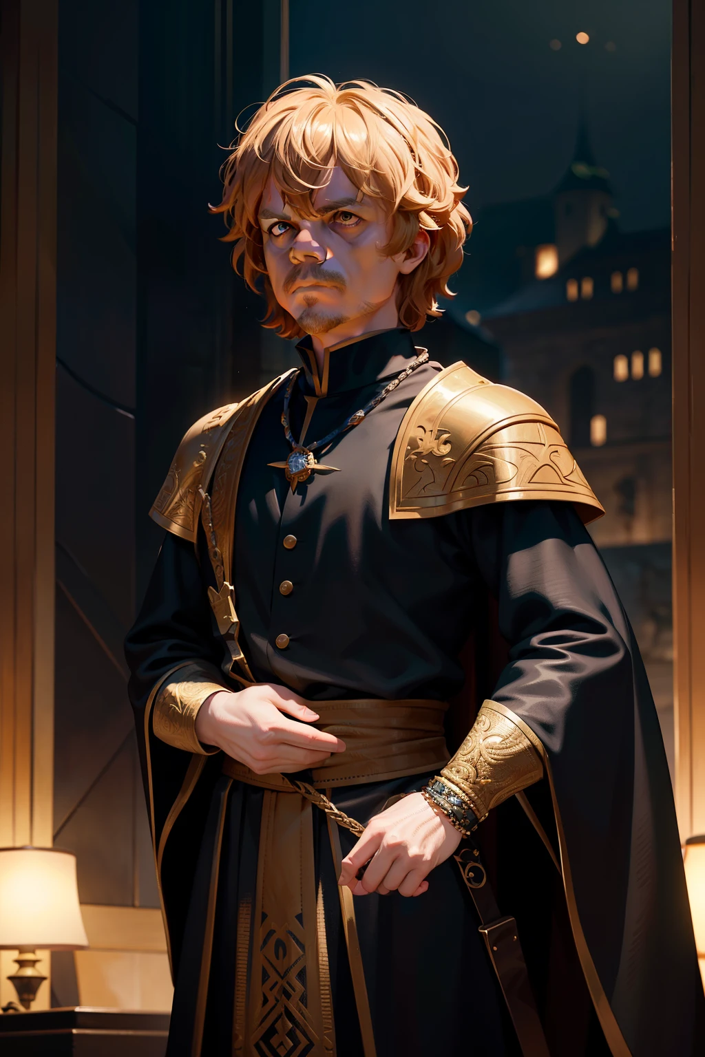 Tyrion Lannister, depicted as an anime character, boasts a perfect representation from the Game of Thrones series. His highly detailed attire and accessories, intricately designed down to every button and chain, are brought to life in this animated rendition. Anime artists pay meticulous attention to anatomy, ensuring a highly accurate portrayal of Tyrion's features and physique. The cinematic color grading used in this artwork conveys the grandeur and richness of Tyrion's world. A shallow depth of field is masterfully employed, bringing Tyrion to the forefront while softly blurring the background, creating a beautiful bokeh effect. No deform