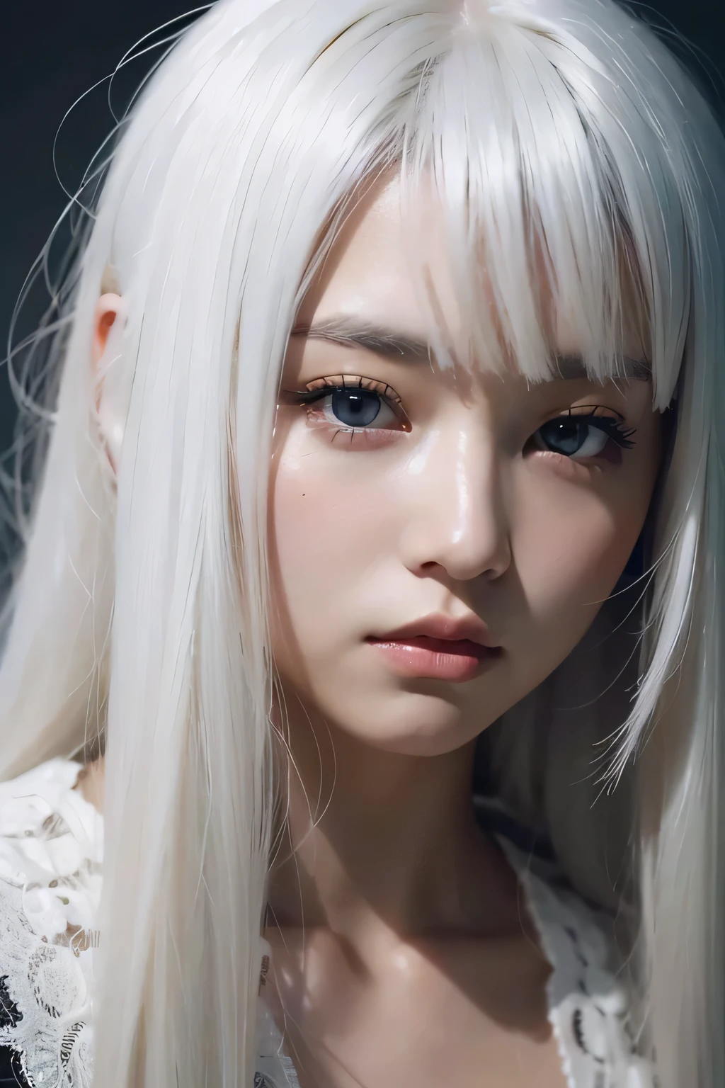 Beautiful girl with brown eyes and white hair, dark night 