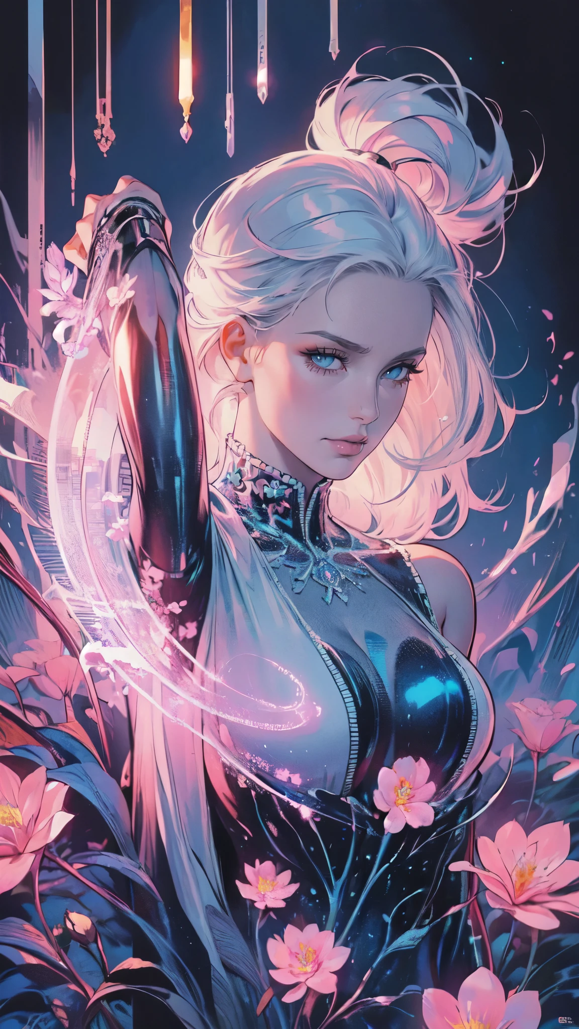 Beautiful lady , wonderful blue eyes, silver hair, pink lips, jacket cover her shoulderasterpiece, Top Quality, Best Quality, Official Art, Beautiful and Aesthetic: 1.2), (1 Flower), Upper Body, Extremely Detailed, (Fractal Art: 1.3), Colorful, Most Detailed, wearing jacket cover arms and shoulders 