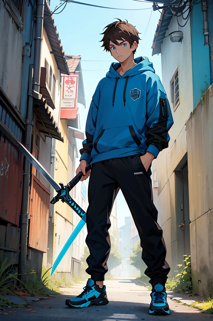 Brown hair blue eyes wearing navy hoodie black pants male teenager holding a cyan and black sword 2 hands 2 feet looking foreward in standing posesition.