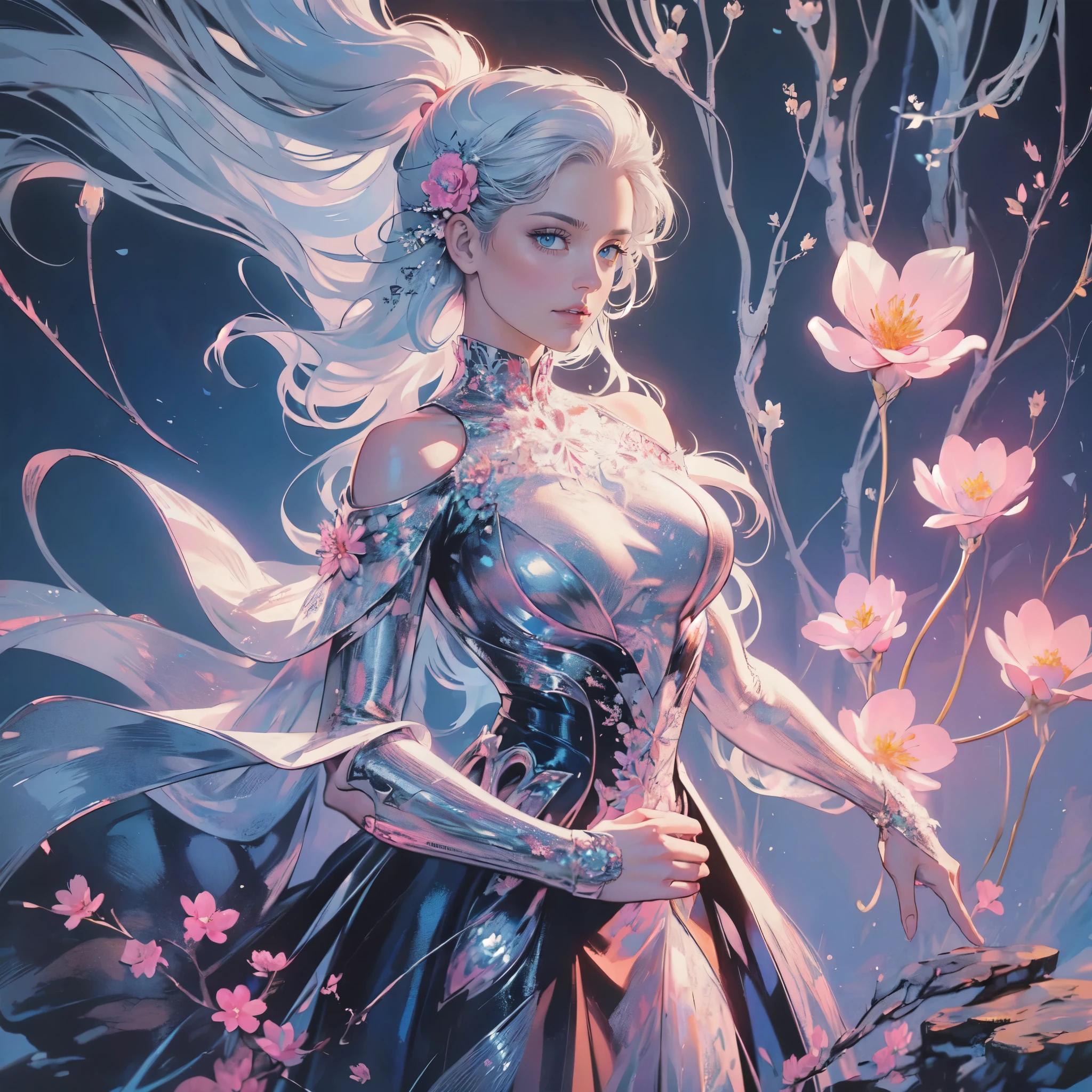 Beautiful lady , wonderful blue eyes, silver hair, pink lips, jacket cover her shoulderasterpiece, Top Quality, Best Quality, Official Art, Beautiful and Aesthetic: 1.2), (1 Flower), Upper Body, Extremely Detailed, (Fractal Art: 1.3), Colorful, Most Detailed, wearing jacket cover arms and shoulders
