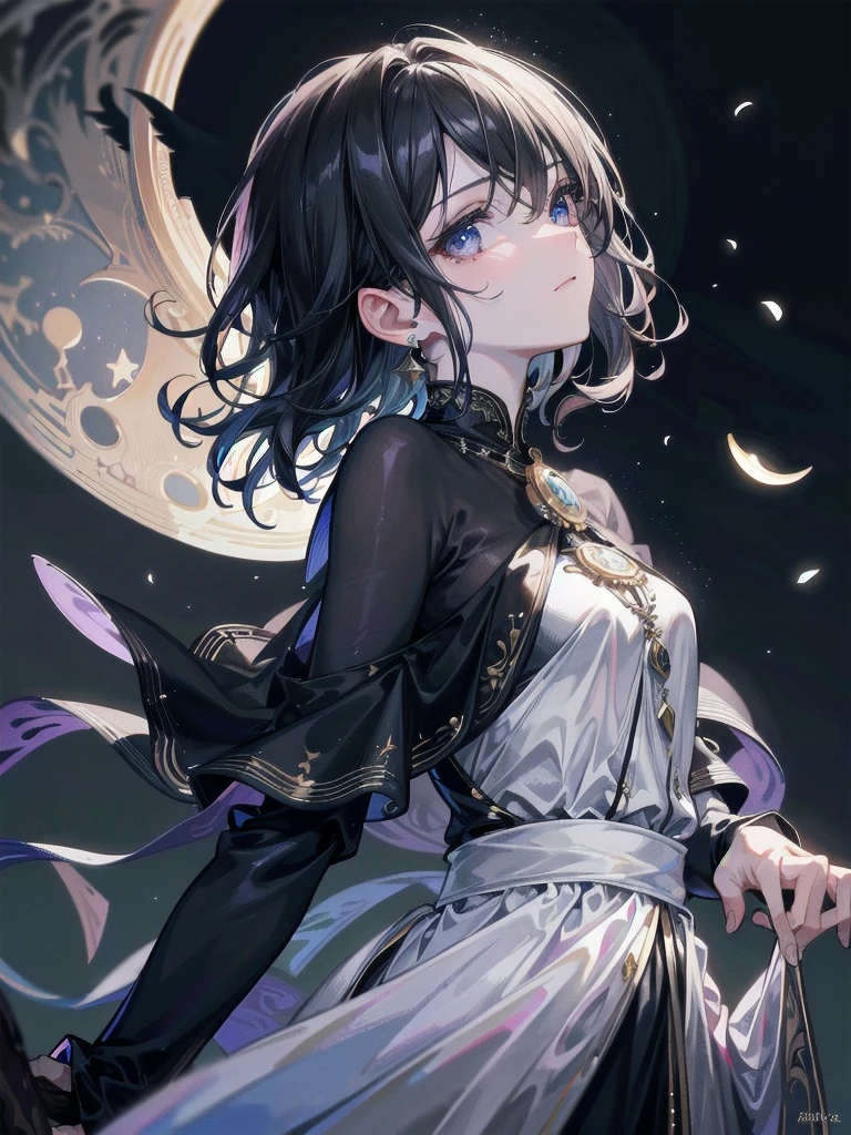absurdres, RAW photo, extremely delicate and beautiful, masterpiece, Best Quality, ultra high resolution, 32k, hyperrealistic, ultra-detailed, tearful mole, earring, short medium hair, wavy hair, witch costume, fantasy, light, dark theme, magic, moon,