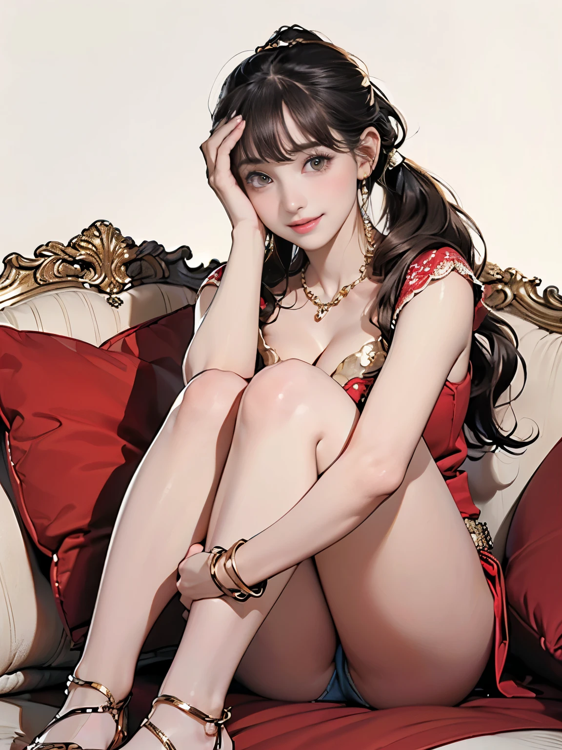((((highest quality))))、(((Ultra-precision CG16K wallpaper)))、(((masterpiece)))、(((Super detailed)))、(((Extreme detail)))、((１Mature 29 year old woman:1.6))、((Very beautiful Japanese faces))、((Yua Mikami:1.5))、((Soft wavy long ponytail hair、blunt bangs:1.5))、(Shiny brown hair)、Beautiful brown eyes、Clearly defined pupils and whites of the eyes、eyeliner、eye shadow、High nose、Small nostrils、Small Mouth、Seductive lips、Beautiful breasts、((C cup size breasts))、Cleavage、Beautiful feet、eight-headed body、Perfect proportions、Perfect Anatomy、Perfect composition、Beautiful detailed shading、Beautiful, natural lighting、Beautiful detail glow、Depth of written boundary、(((High chroma)))、(((Real:1.9)))、((vivid:1.5))、((Beautiful Skin))、((Skin Texture))、((Realな皮膚感))、(((Full Shot:1.6)))、((Front view、shoot from front、Front low angle:1.6))、(((smile:1.6)))、((The woman is looking at this、looking at viewer、Facing forward:1.6))、Bright daylight、Natural light、(((Plain background、Spotlight:1.3)))、(Sitting pose:1.6)、(((Gold and red belly dance costume:1.6)))、((Earrings、Wearing a necklace:1.3))、(((Wearing lace-up sandals:1.6)))、(((A woman is sitting on a cushion with her knees bent、Two hands behind the head:1.8)))、