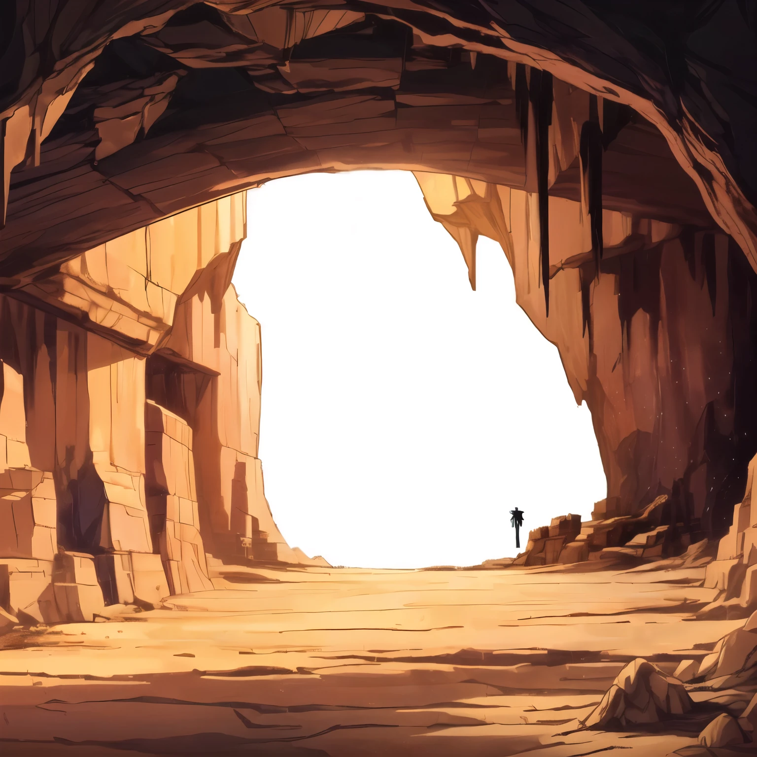there is a man standing in a caverna with a light coming through it, em uma grande caverna no desertorna, caverna background, arte de fundo, olhando para uma caverna misteriosarna, dentro de uma enorme cavernarna, anime arte de fundo, caverna, caverna antigarna, mythical gigantic space cavern, fundo do desfiladeiro, caverna entrance, caverna exploration, Perdidos em uma cavernarna, anime scenery concept art