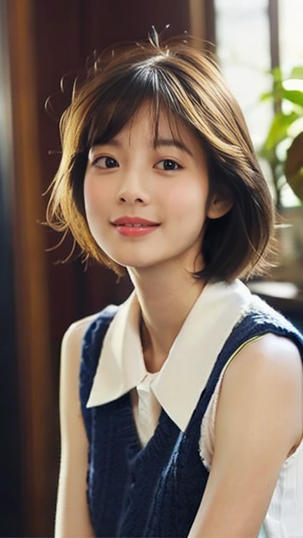 (masterpiece:1.2, highest quality), (Realistic, photoRealistic:1.4), Beautiful illustrations, (Natural Side Lighting, Cinema Lighting), Written boundary depth,
Looking at the audience, (Face Focus, Upper Body), Front view, 1 girl, English, high school girl, 15 years old, Perfect Face, Symmetrical cute face, Shiny skin,
(Bob Hair:1.7,blonde), Asymmetrical bangs, Big eyes, Droopy eyes, long eyelashes chest), thin,
Beautiful Hair, Beautiful Face, Beautiful and beautiful eyes, Beautiful clavicle, Beautiful body, Beautiful breasts, Beautiful thighs, Beautiful legs, Beautiful fingers,
((High-quality fabric, brown knit vest, Short sleeve white collar shirt, Navy Pleated Skirt, Navy bow tie)),
(Beautiful views), evening, (Inside the flower shop), Are standing, (smile, Superior, Open your mouth), (From below:1.5),(Poor visibility:1.5), (((Backlight)))