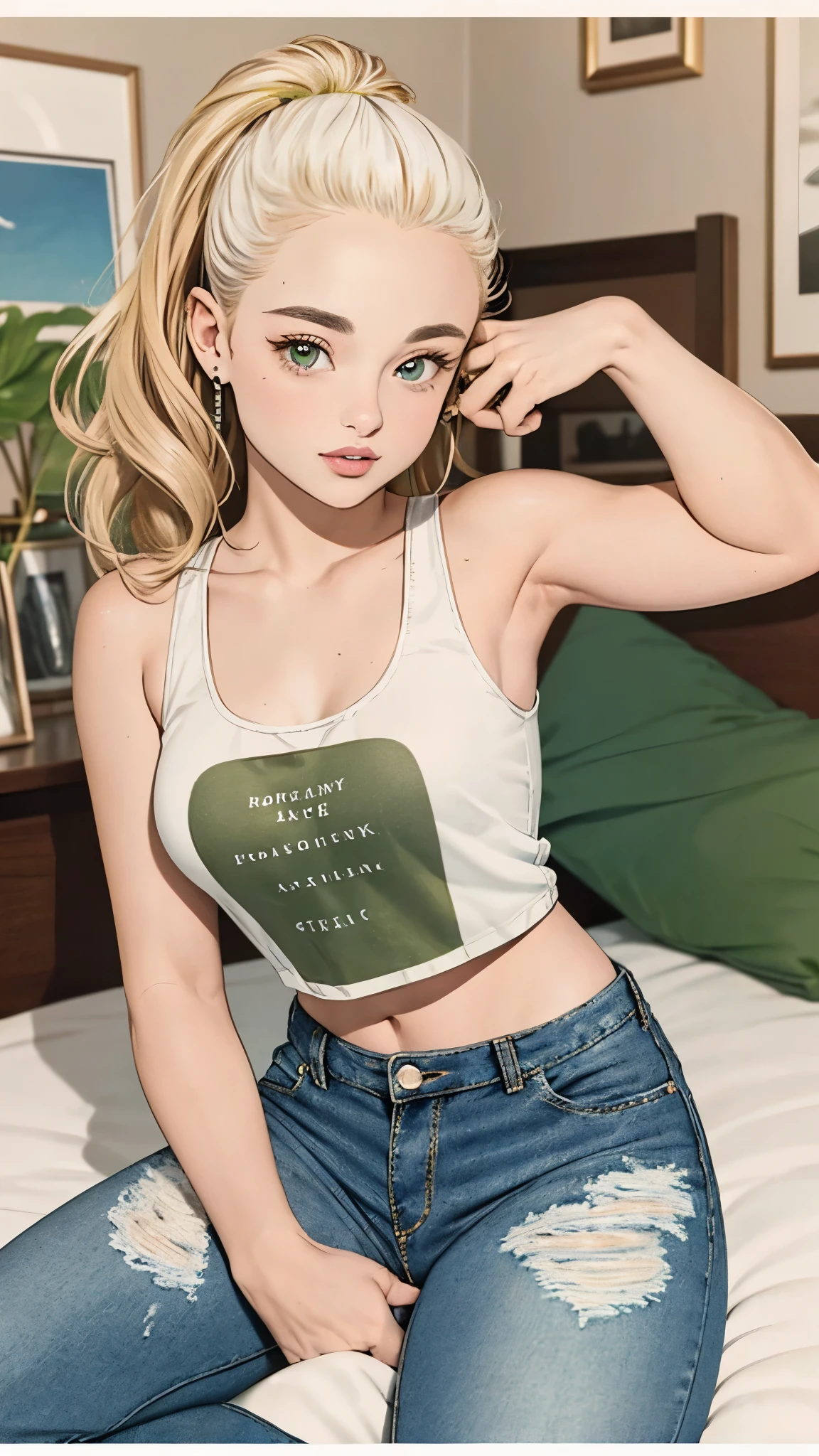 Joey King++, blended with Ariana Grande, full body portrait, line art, high-quality ink drawing, ultra-detailed, realistic shading, vibrant colors, elegant posture, fashionable attire, hanging out in an apartment laying on a bed, hanging out, small breasts, vivid colors, flat image, wearing a green tank top and ((white boyfriend jeans)), top knot, blonde hair