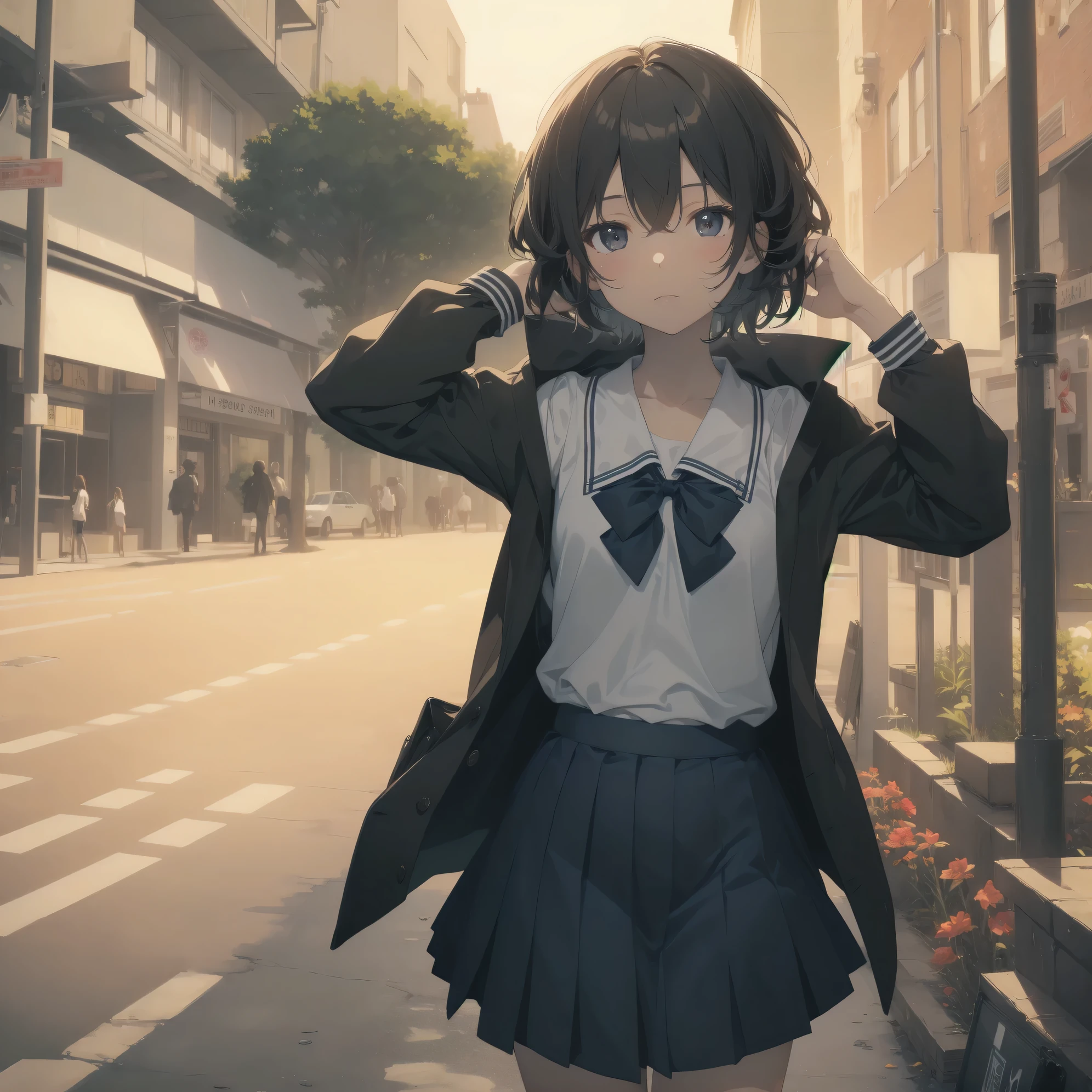 ultra-absurdres-Top quality by artist God, ultra-detailed, high resolution, anime moe artstyle, best anime 8k konachan wallpaper, pixiv contest winner, pool:2810, perfect anatomy,break, 1girl, (Please draw a girl walking sleepily to school alone. )break,(Solo,little female, 13-year-old:1.3),Full limbs, complete fingers,a junior high school student, (very short hair), short cut, flat chest, , small butt, small black eyes, beautiful detailed eyes, well-proportioned iris and pupils, expressive eyes, highres detailed hair, soft expression, salor school_uniform, sailor collar, serahuku, bow, pleated skirt,(Detailed Lighting), (Detailed background), in the School commute route. break,super detailed skin, Best cinematic lighting powered by famous artist, 8k,beauty illustration,photoshop_(medium),very aesthetic,break,((artist:carnelian )), artist:akinashi yuu ,artist:oyari ashito ,artist:kantoku ,
