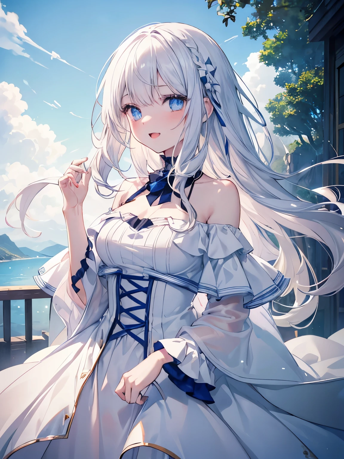 Masutepiece, Highest Quality, (Perfect face:1.1), (high detailing:1.1), (ultradetailed eyes), (looking away:1.4),Dramatic,superfine illustration,Extremely detailed,1girl in,teenager,(pale skin),long white hair,Ethereal eyes,Blue eyes, Sparkling Highlights in the Eyes , with heart-shaped eyes,blush,Solo,Smile,Happy,Laugh,Enjoy, Open mouth,Pouty lips,Cinematic lighting, Looking at Viewer, Cowboy Shot, looking up, whitedress, off shoulder,outdoor,bluesky,sunny
