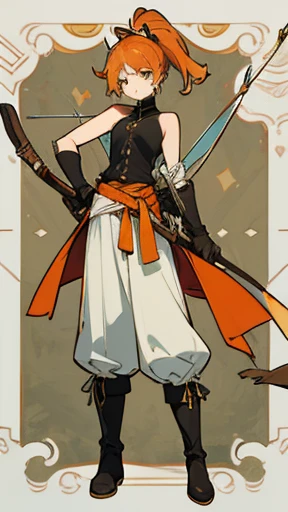 Victorian style, British background, full body picture, figure, Standing image,Full body picture,figure设定图,Three views of charactermorpg,Apricot hair,High Ponytail,Holding a bow and arrow,Archer,1 girl,Imperial sister body type,Bow and Arrow Bag,Adventure outfits,White cropped trousers,Ankle boots,Explorer Gloves,Cowboy,Single shoulder pad,An orange loincloth tied around the waist,sleeveless black vest,Bow pulling pose。