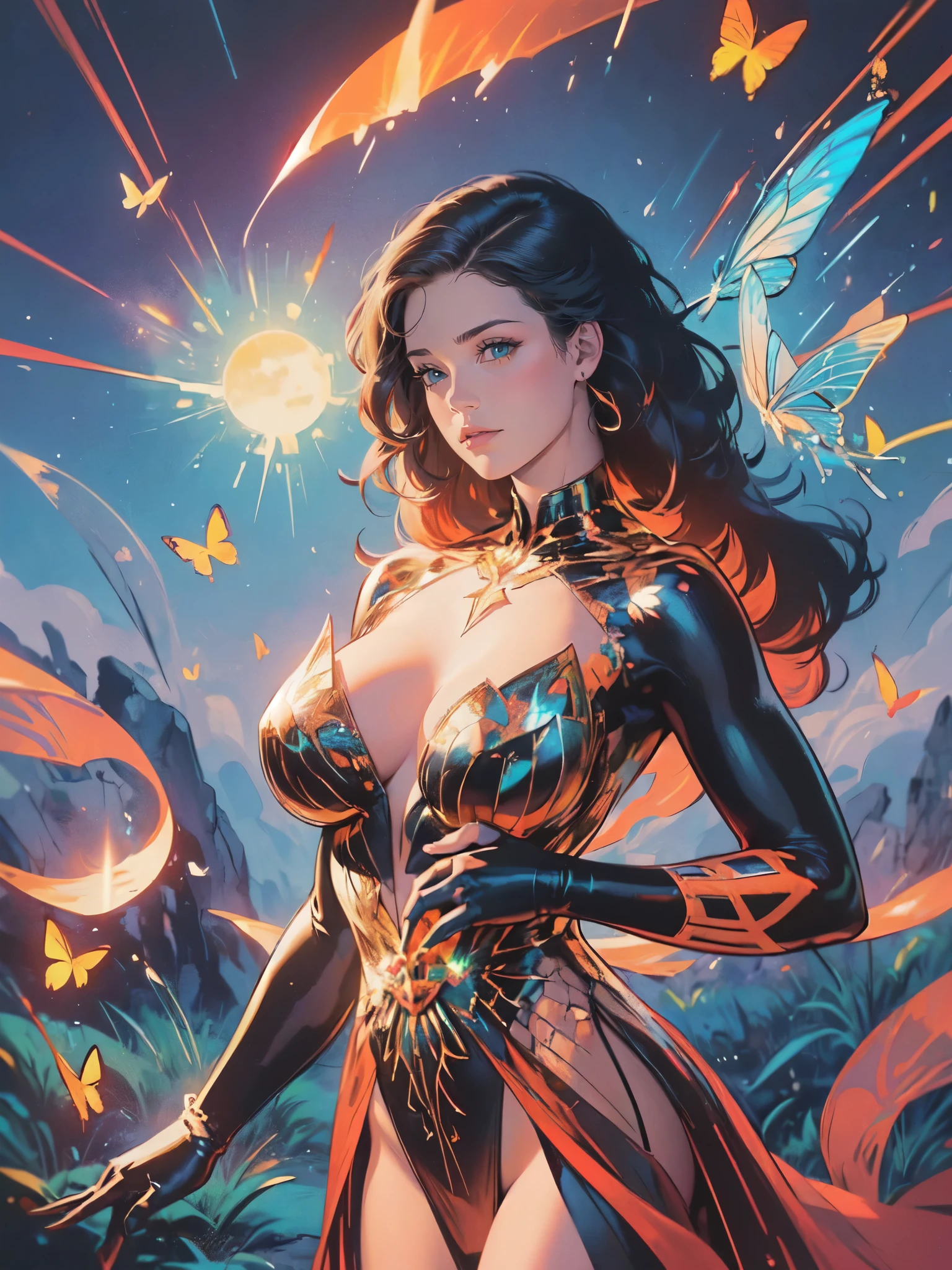 Beautiful dark haired woman covered entirely by millions of Monarch orange black and red butterflies like a second skin a gossamer dress that is almost part of her, covered in butterflies, as if they are coming out of her chest her heart, dappled sun beams through the pine fir forest, hyperdetailed, 64k resolution, Kodak resampled film grain,(((naturally interacting with the environment:1.5))),(((seamless:1.5))),((strong environmental light)),((hard shadows)),(merge realms of the extreme punk in a tapestry of dualities),enigmatic beings with ethereal silhouettes,digital dreamscape.Illuminate the scene with the pulse of a celestial bloom,(casting hues that bridge both cosmic and cybernetic realms).(Blend brushstrokes harmoniously),fusing elements of traditional artistry with glitched fragments of a pixelated mosaic.Embrace asymmetry,where the organic and the synthetic collide in a dynamic composition.(Infuse a shifting timeless vibrant palette).Integrate augmented reality surprises.