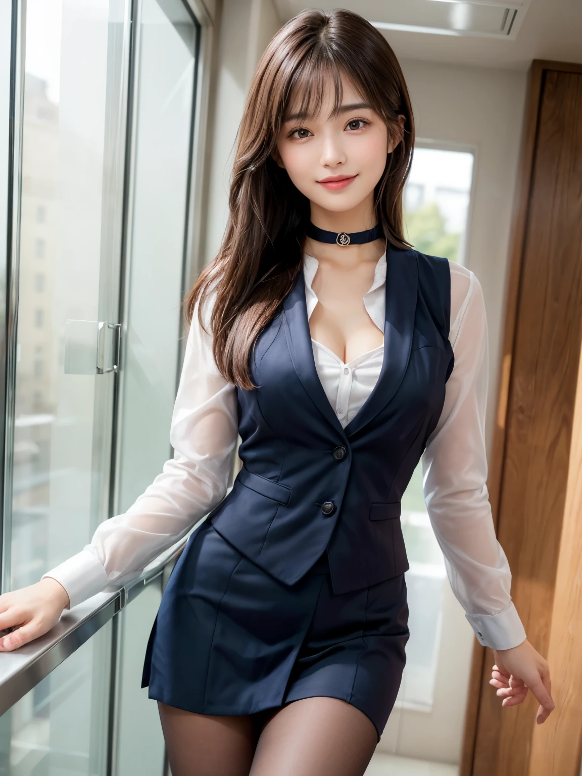 8k, highest quality, masterpiece, Ultra-high resolution, (Realistic:1.4), whole body、RAW Photos, ((Long brown straight hair, See-through bangs))), Beautiful Details 1 Girl, (Realistic:1.4), High-resolution RAW color photos, Professional photos, Highly detailed eyes and face, Natural light, Facial details, White skin, Shiny skin, Tight waist, Small Ass, Thin legs,Natural Breasts, Cleavage, just looking at the audience, かわいいsmile, Nice body, (navy blue suit vest:1.8, Long-sleeved white shirt with collar and buttons, Dark blue tight skirt:1.4, Black Pantyhose:1.3, choker), smile、歯を見せるsmile、Inside the department store