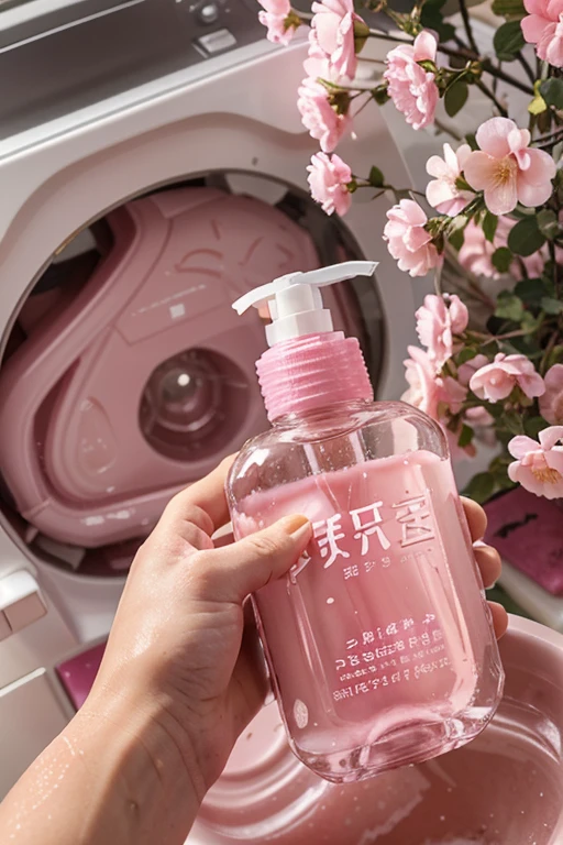 Half liter of pink liquid soap for clothes, non-conventional bottle for liquid soap, Zote brand, with dispenser and without dispenser, beautiful and detailed Japanese theme, pink flowers with red berries, attractive and eye-catching for Japan, soap bubbles, bubbles effect.

Soap for cleaning a clothes, put a washing machine in the background.

Advertised of liquid soap for clothes in color pink.
Japanese theme.
Attractive and eye-catching for Japan, soap bubbles, bubbles effect in the bottle of soap pink.
Pink Japanese laundry 
