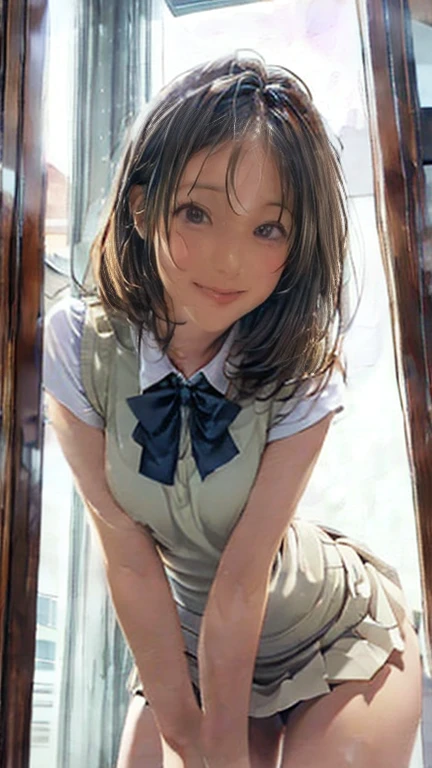 (masterpiece:1.2, highest quality), (Realistic, photoRealistic:1.4), Beautiful illustrations, (Natural Side Lighting, Cinema Lighting), Written boundary depth,
Looking at the audience, (Face Focus, Upper Body), Front view, 1 girl, English, high school girl, 15 years old, Perfect Face, Symmetrical cute face, Shiny skin,
(Bob Hair:1.7,blonde), Asymmetrical bangs, Big eyes, Droopy eyes, long eyelashes chest), thin,
Beautiful Hair, Beautiful Face, Beautiful and beautiful eyes, Beautiful clavicle, Beautiful body, Beautiful breasts, Beautiful thighs, Beautiful legs, Beautiful fingers,
((High-quality fabric, brown knit vest, Short sleeve white collar shirt, Navy Pleated Skirt, Navy bow tie)),
(Beautiful views), evening, (Inside the flower shop), Are standing, (smile, Superior, Open your mouth), (From below:1.5),(Poor visibility:1.5), (((Backlight)))